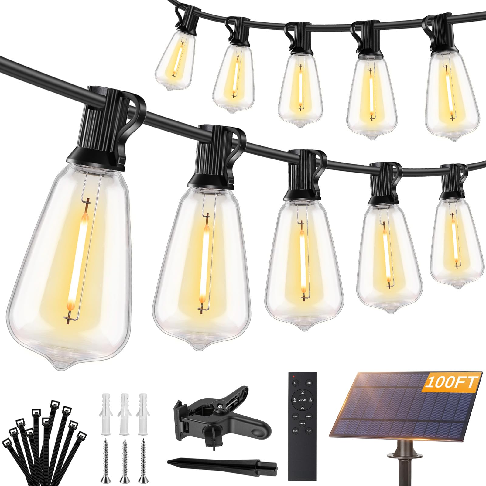 Brightever 100FT Solar String Lights Outdoor Waterproof with Remote, 36+2 Shatterproof ST38 LED Bulbs, Dimmable Patio Lights Sol