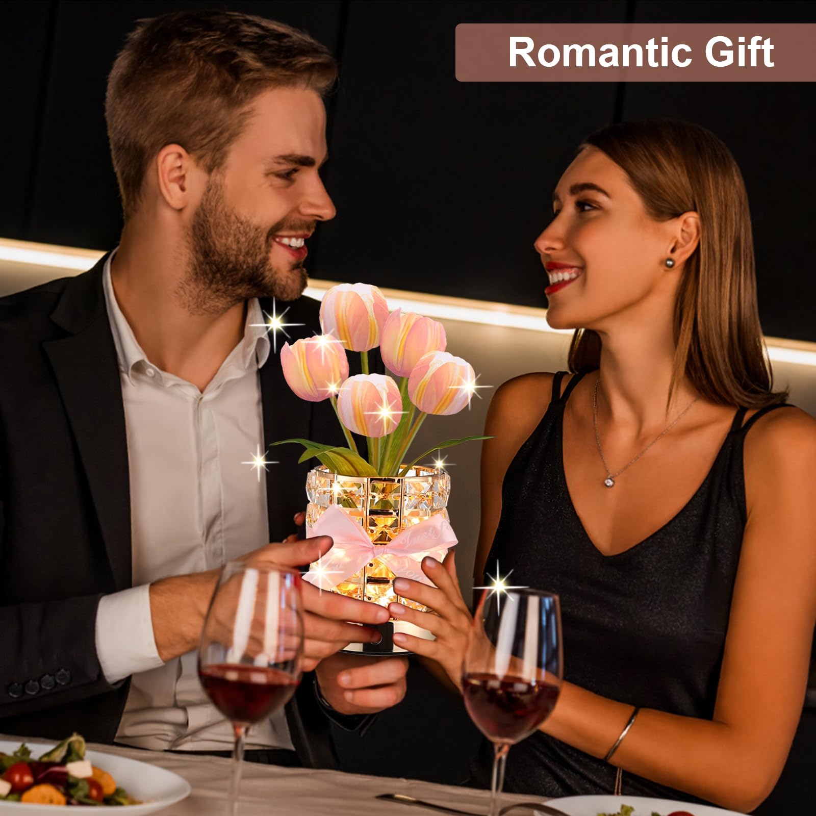 Tulip Flower Lamps, Rechargeable Cordless Small Desk Lamp, 3 Colors Dimmable Artificial Flowers Night Light, Fake Bouquet 5 Tuli