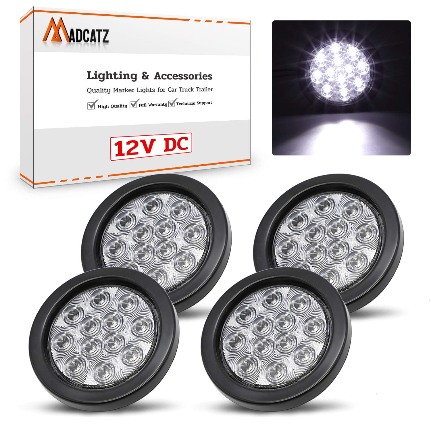 MADCATZ 4 Inch White Light Round 12 LED Tail Lights 3 Prong Plugs Truck Trailer Pickup Tractor Truck Van ATV RV Bus Shockproof 1