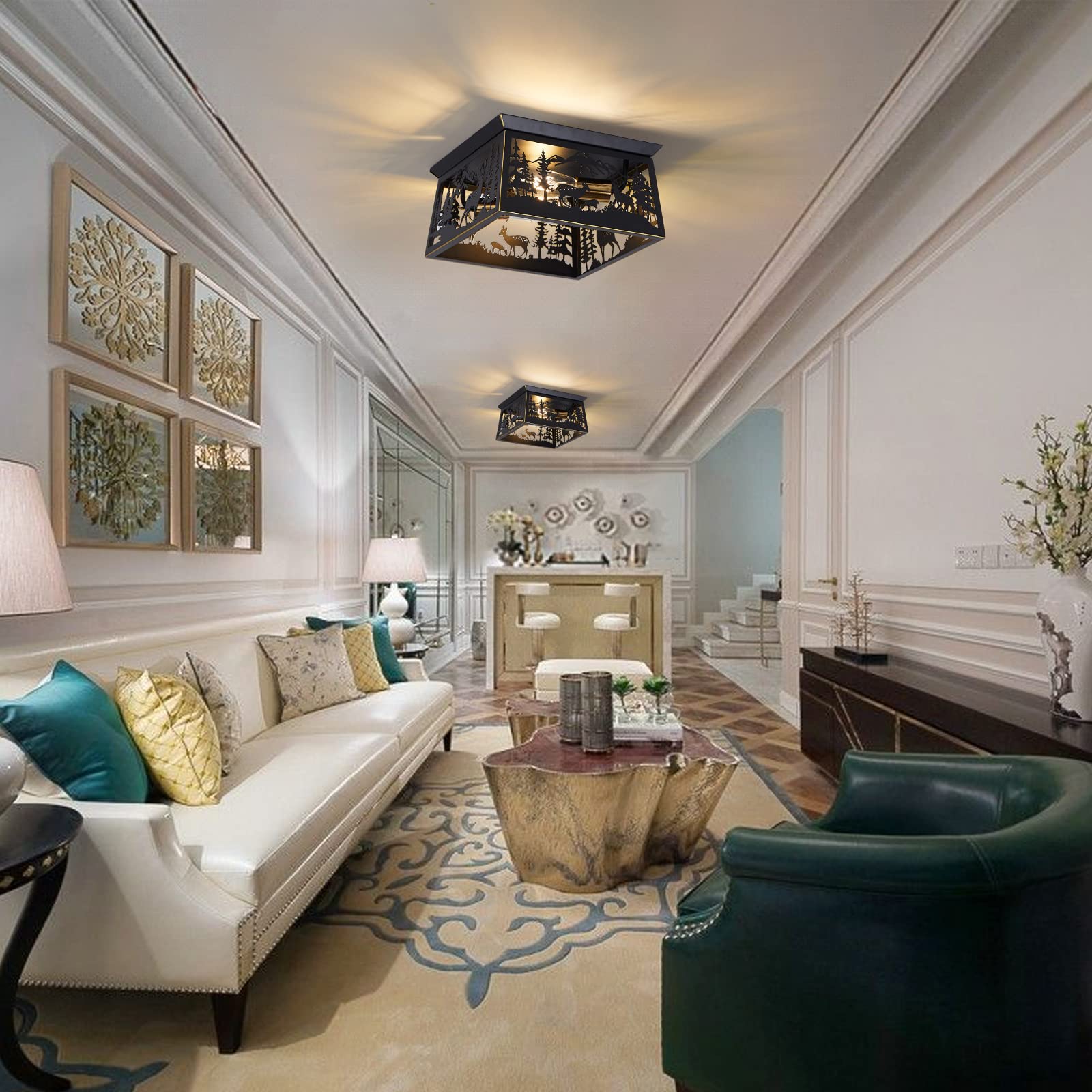 Monaxon Farmhouse Rustic Deer Flush Mount Ceiling Light Fixture For Cabin, Kitchen, And Outdoor