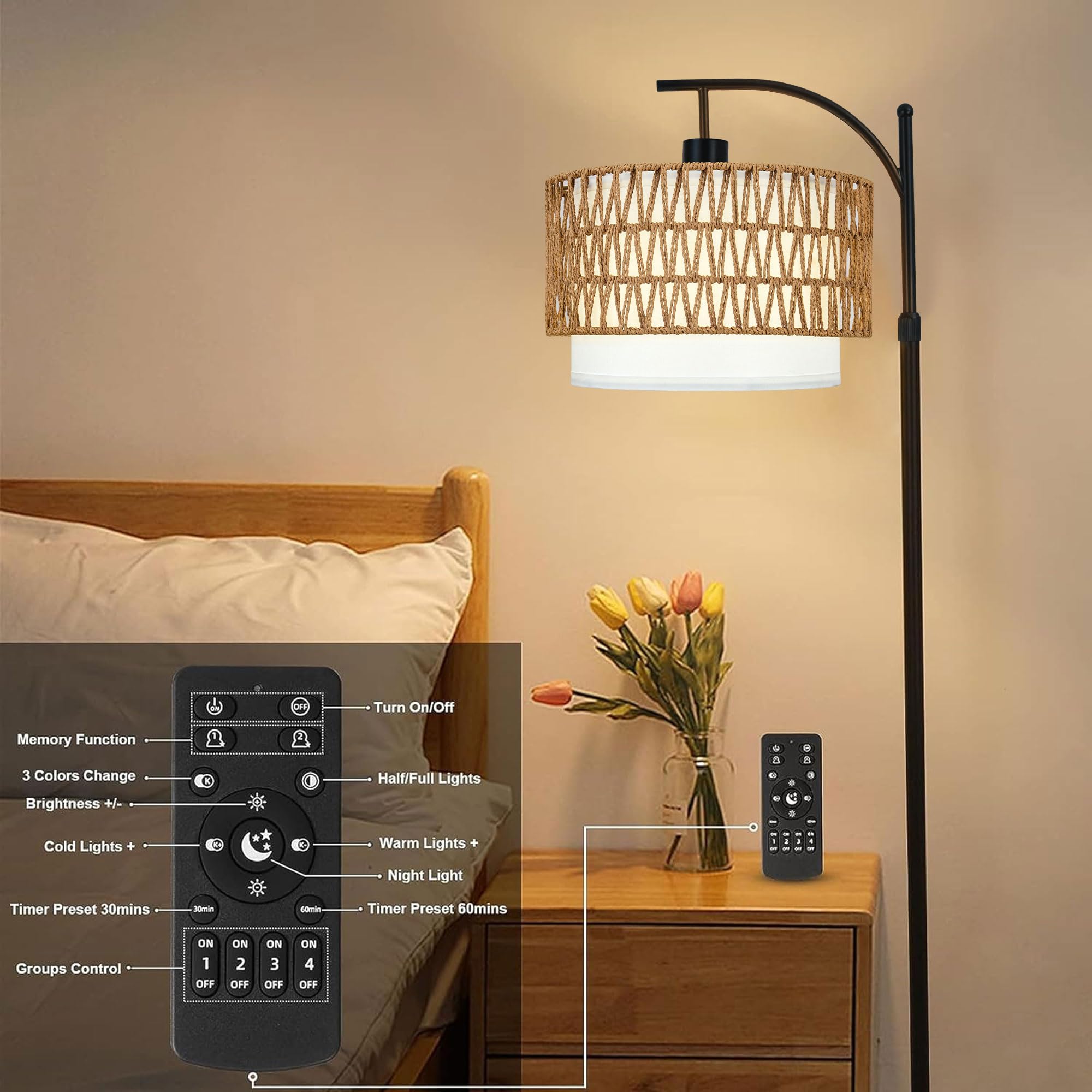 ZECOXOL Arc Floor Lamp - Dimmable Rattan Standing Lamp with Remote, 11.9" Double-Deck, 3 Color Temperatures for Living Room & Bedroom