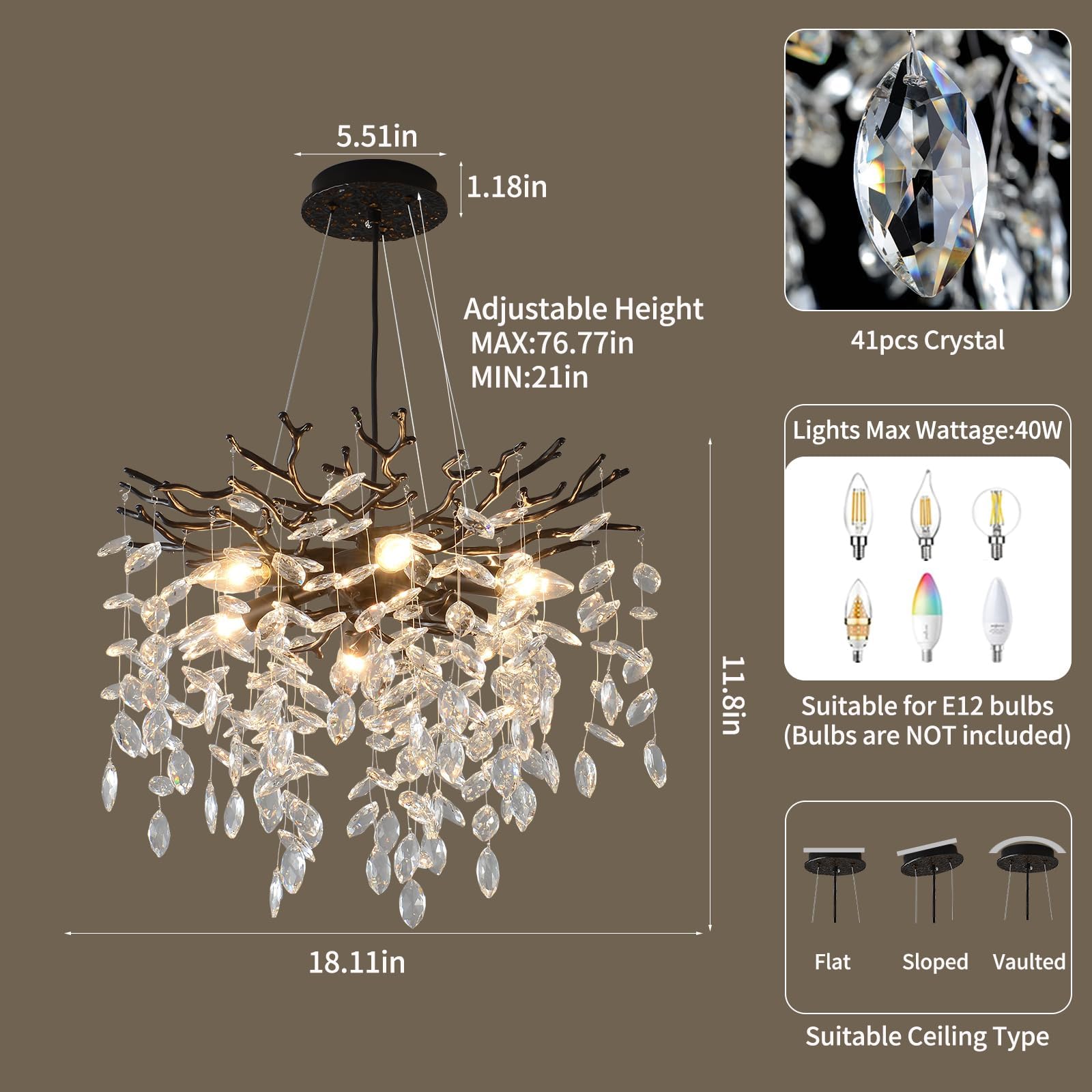 Egm Black Tree Branch Crystal Chandelier, 18 Inch Modern Dining Room Crystal Chandelier 6-Light(E12), Hanging Round Chandeliers