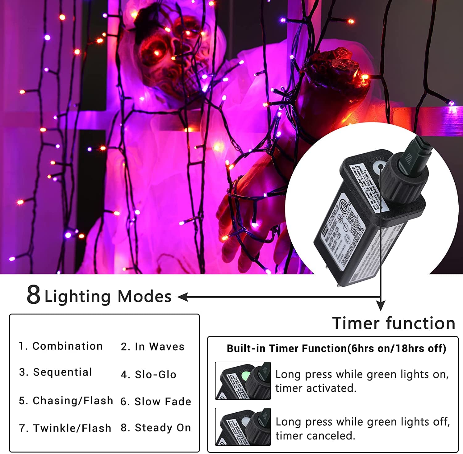 Jnaurb Halloween String Lights, 300 LED Waterproof Fairy Lights, 114ft, Orange & Purple, 8 Modes, Indoor/Outdoor Decor