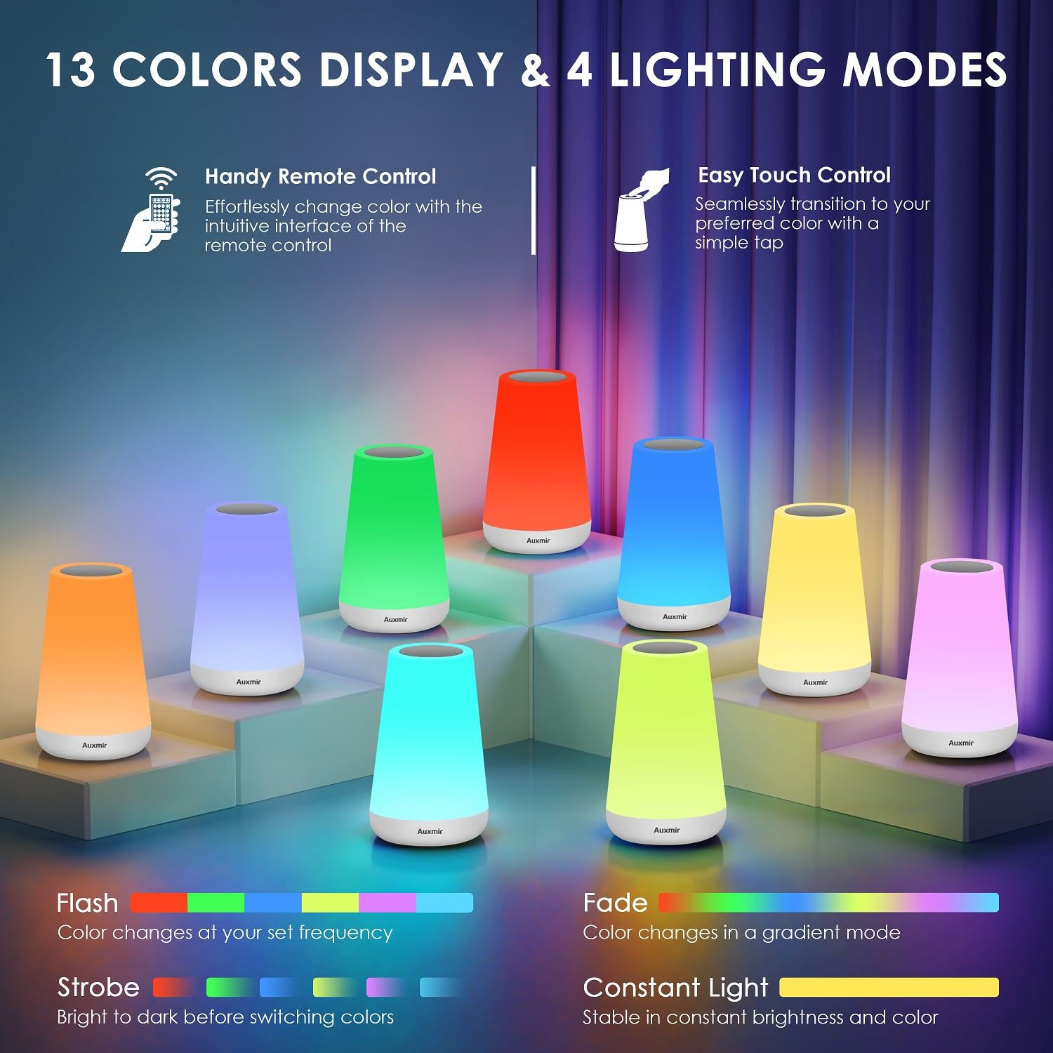 Auxmir Night Light, Dimmable Touch Lamp For Bedroom, Portable Rechargeable Bedside Table Lamp For Baby Nursery, 13 Rgb Colors &