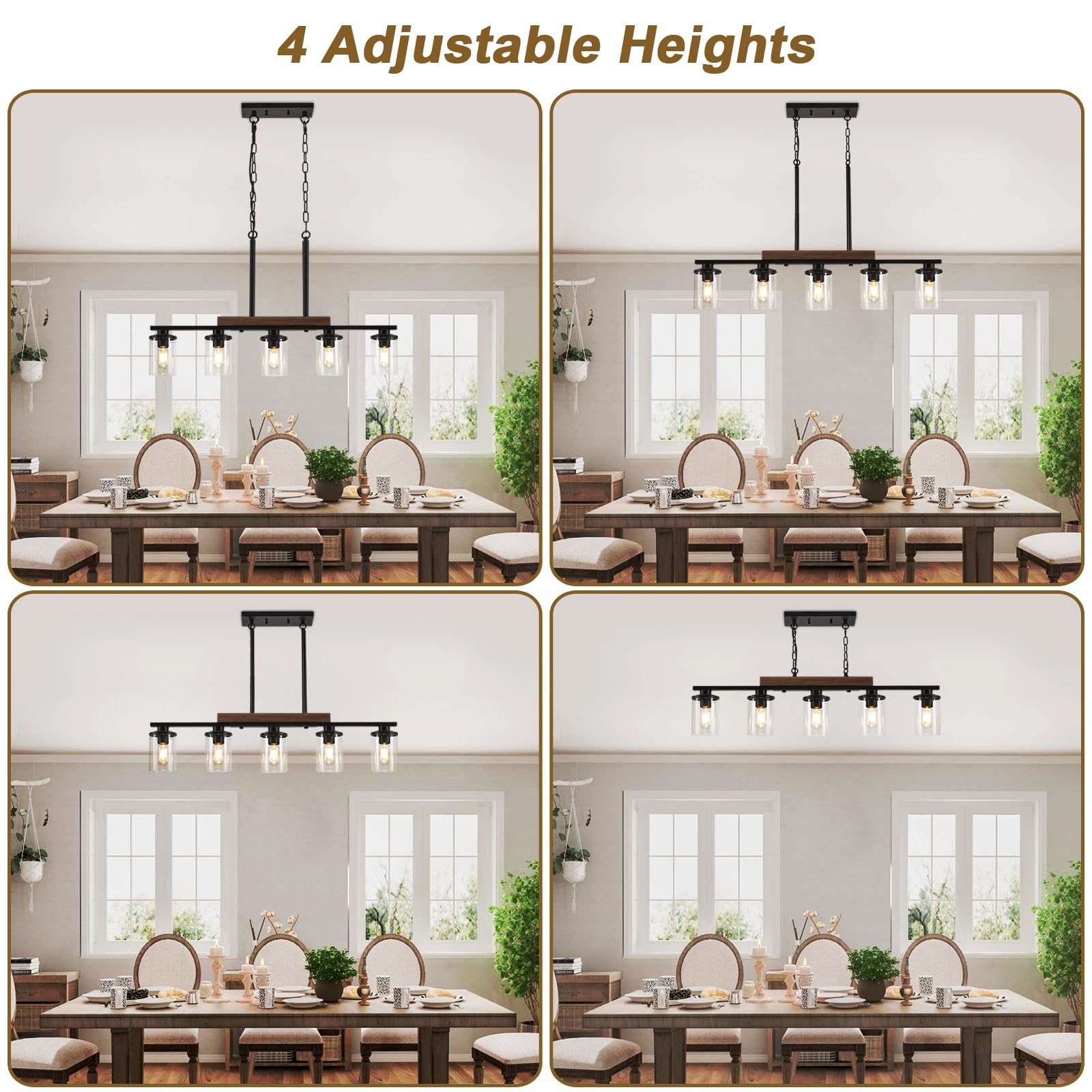 Kitchen Island Lighting,5-Light Dining Room Light Fixture/Chandelier Over Table,Black Modern Rustic Wood Ceiling Pendant Light F