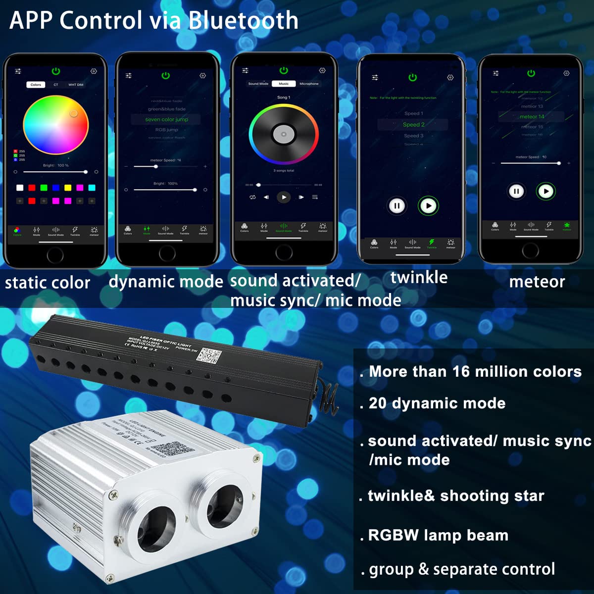 Azimom Dual Port 16W Twinkle Bluetooth Fiber Optic Starlight Kit Mixed860Pcs 13.1Ft Strands +Meteor Shooting Star Sound Activate