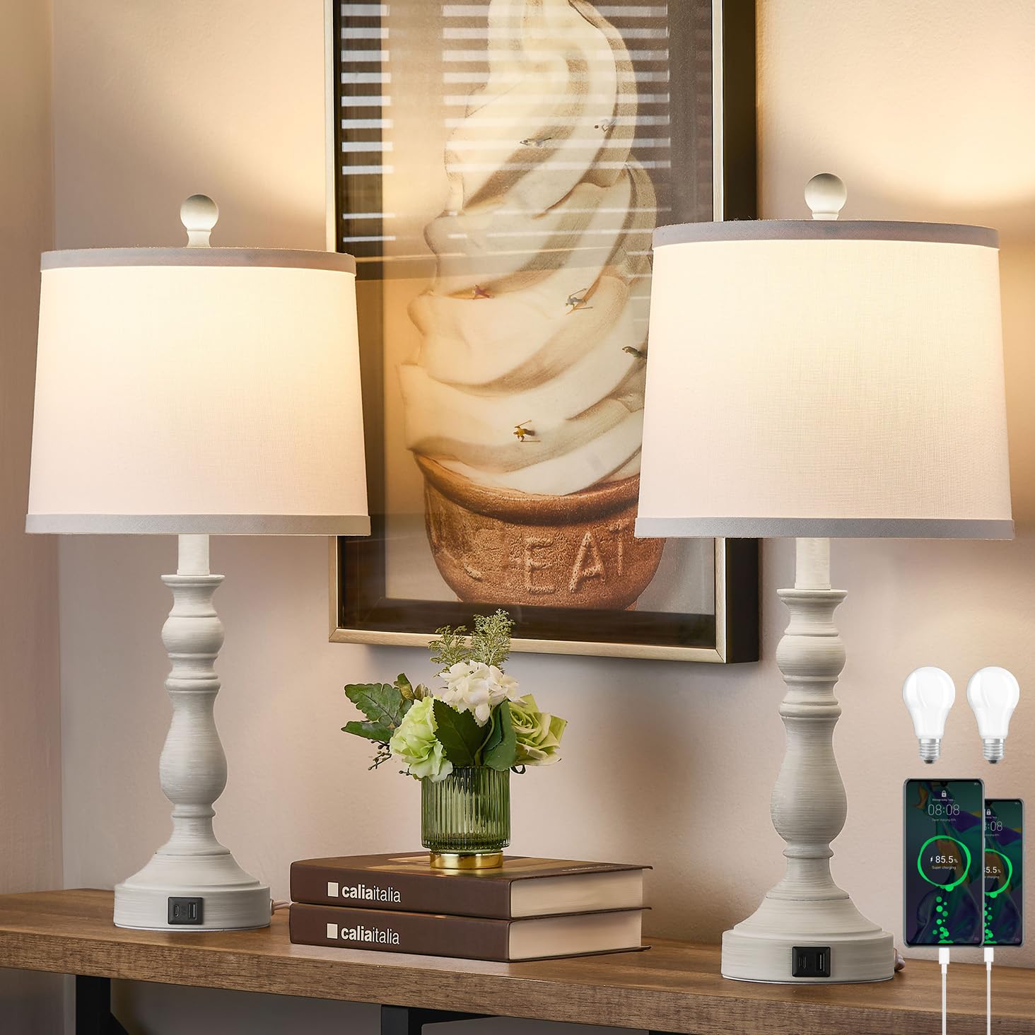 Leasgy 23 Farmhouse Table Lamps for Living Room Set of 2 with USB C+A Ports  Retro Bedside Lamp for Bedroom  Office  Dining Room  Knob Switch  3 Color Temperatures  Bulb Included  Beige