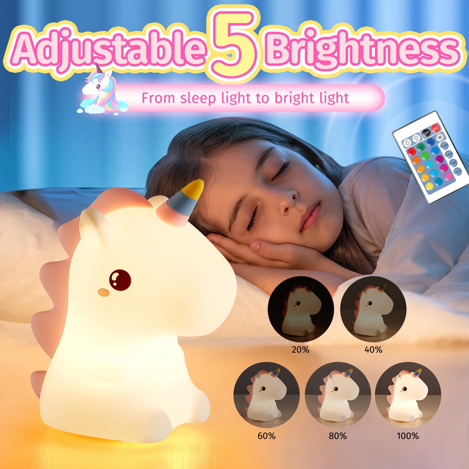 One Fire Unicorn Night Light for Kids, Remote Control, 16 Colors, Silicone, Model WH-a28, Pink