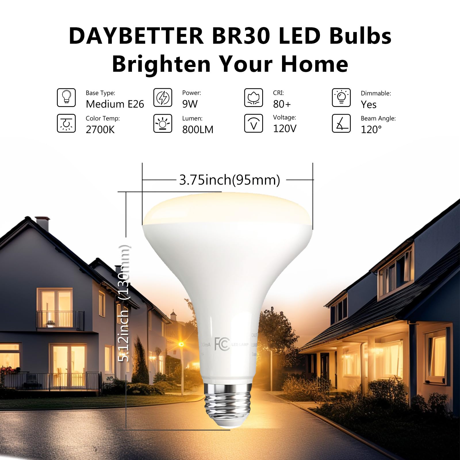 Daybetter 12 Pack Br30 Led Light Bulbs, Dimmable Indoor Flood Lights, Warm White 2700K, E26 Base, 9W, 65W Equivalent, 800 Lm, Re