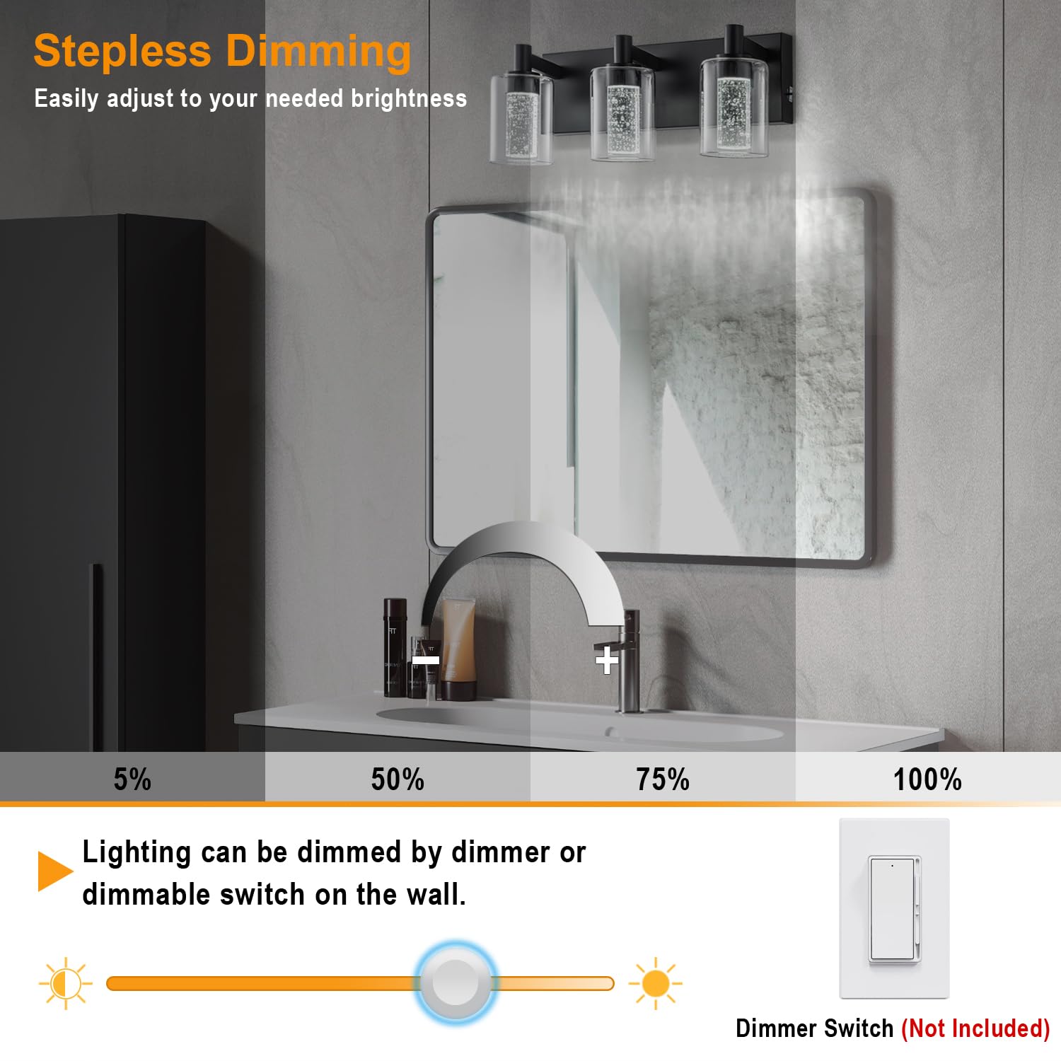 SineRise 4-Light Vanity Light - Dimmable LED Bathroom Fixture, 3 Color Modes, Black, Modern Design with Clear Glass Shade