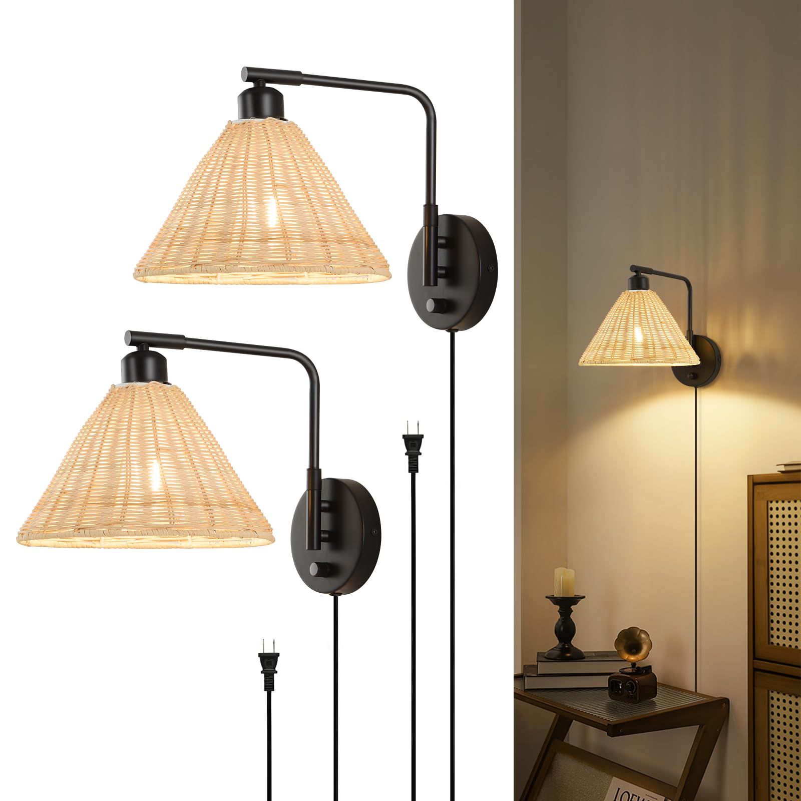 Weaboopre Rattan Plug In Wall Sconce Set Of 2  Black Wall Lamps With Plug In Cord And Dimmer  Hand Woven Wicker Sconces Swing Arm Wall Mount Light Fixture Beside Lighting For Bedroom  Living Room