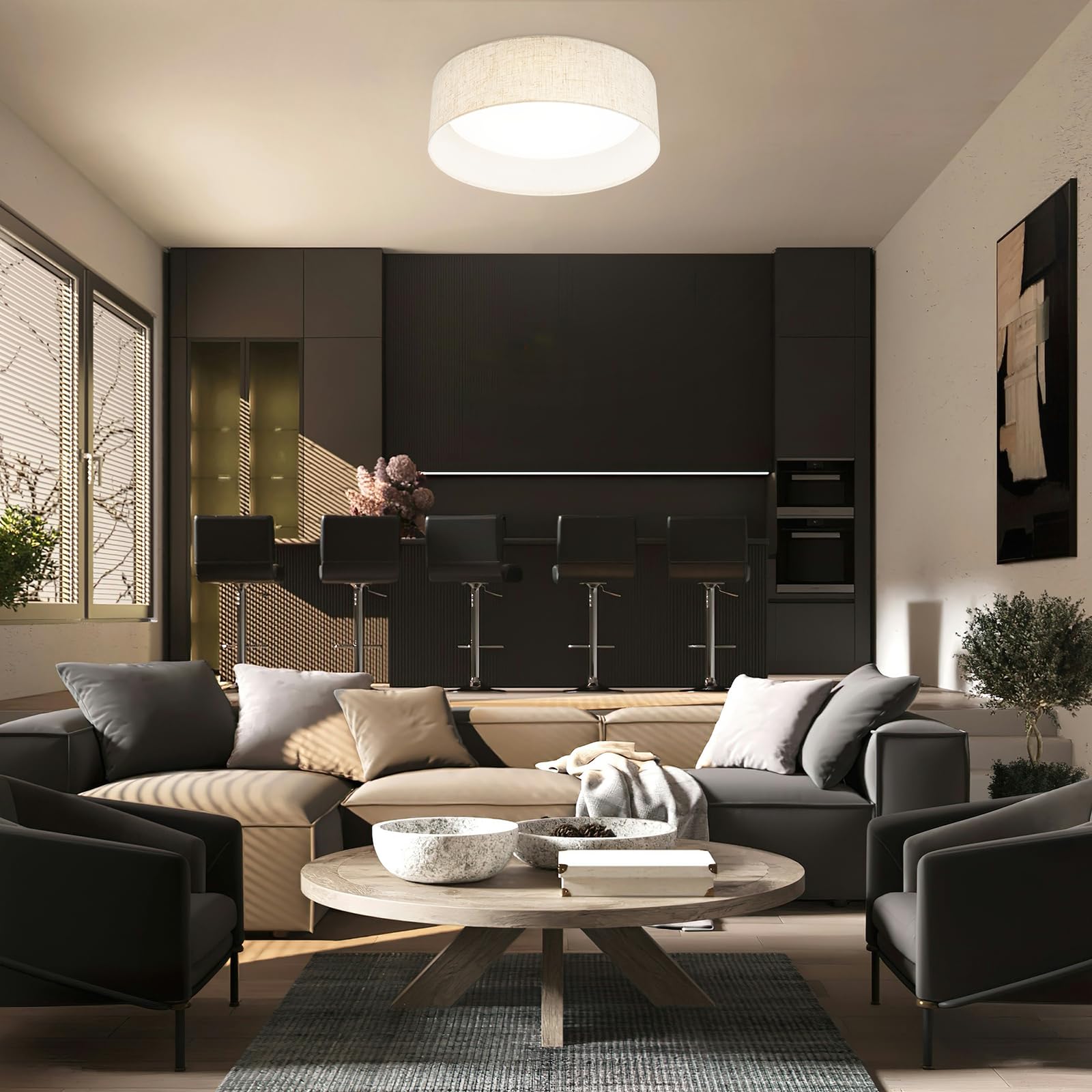 Hamilyeah 16 Inch Led Flush Mount Ceiling Light, 24W Kitchen Lighting Fixture Ceiling Mount With Fabric Shade, Dimmable Drum Cei