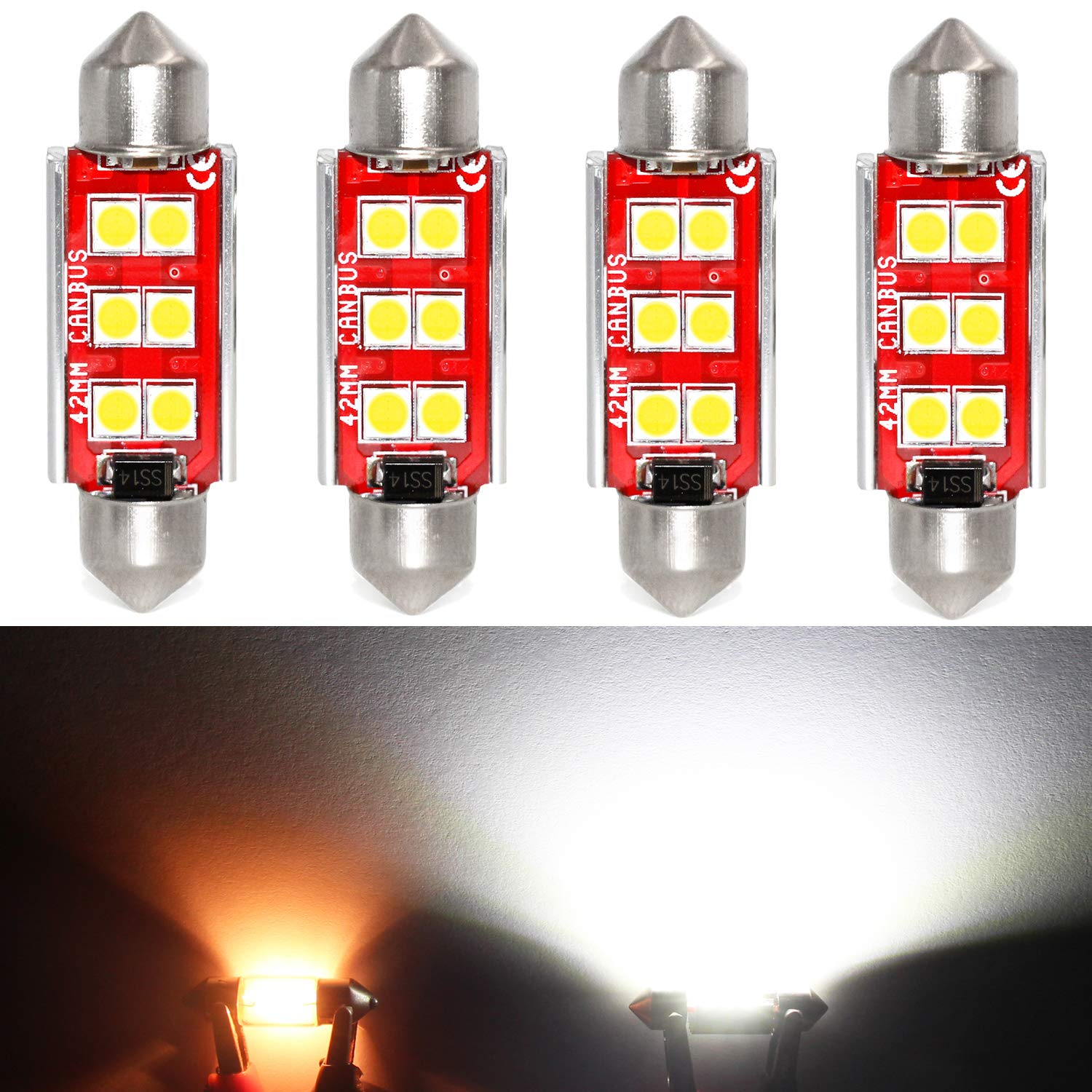 PHINLION 500 Lumens LED Bulb 6-SMD Festoon 41mm/42mm, 6000K Xenon White, Aluminum, 4 Pack