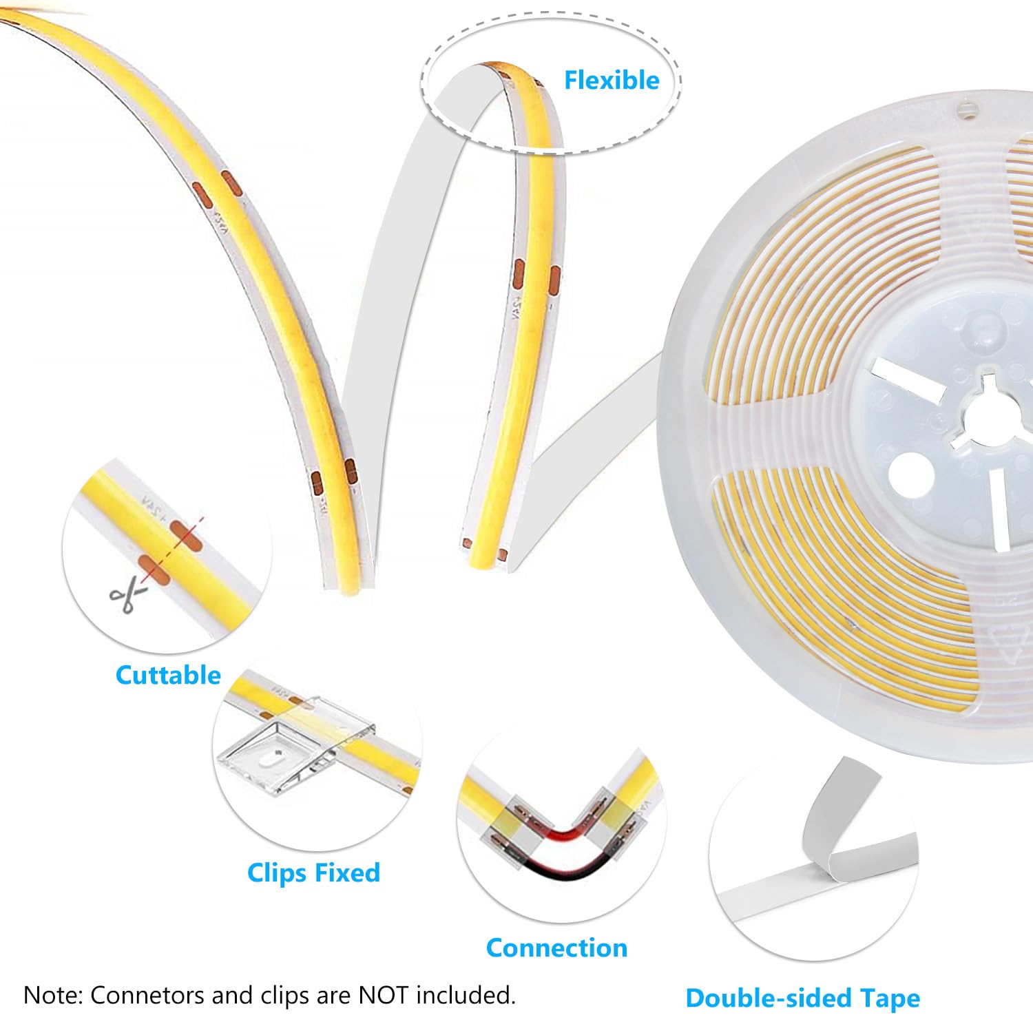 dalattin COB LED Strip Lights, 608 LEDs/m, 16.4ft, Dimmable 2700K-6500K, White, Model DACOB24V5MRGB