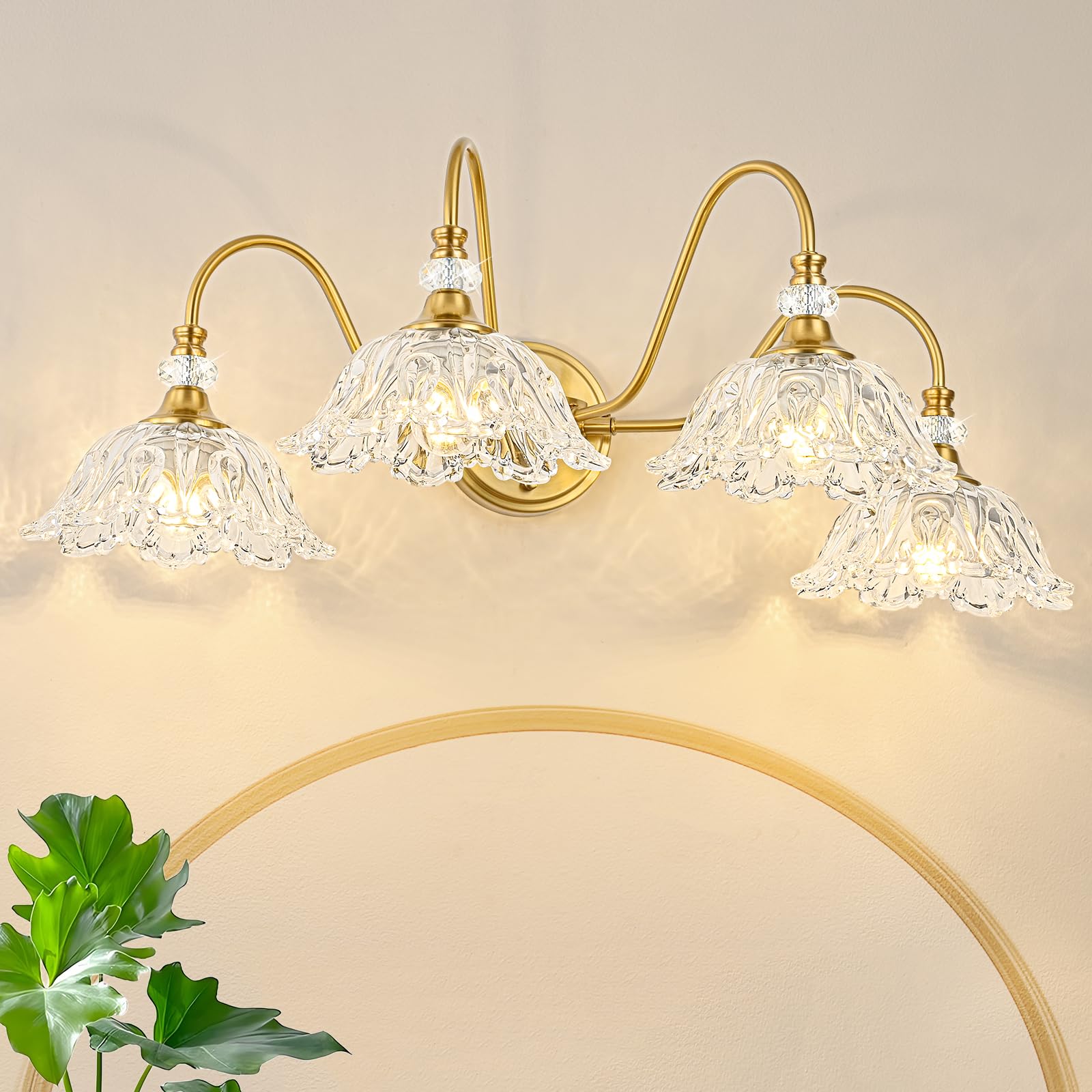 sunkryster 4-Light Gold Bathroom Vanity Light, Floral Glass Shades, Metal, Model Sun-104AB-4-Gold