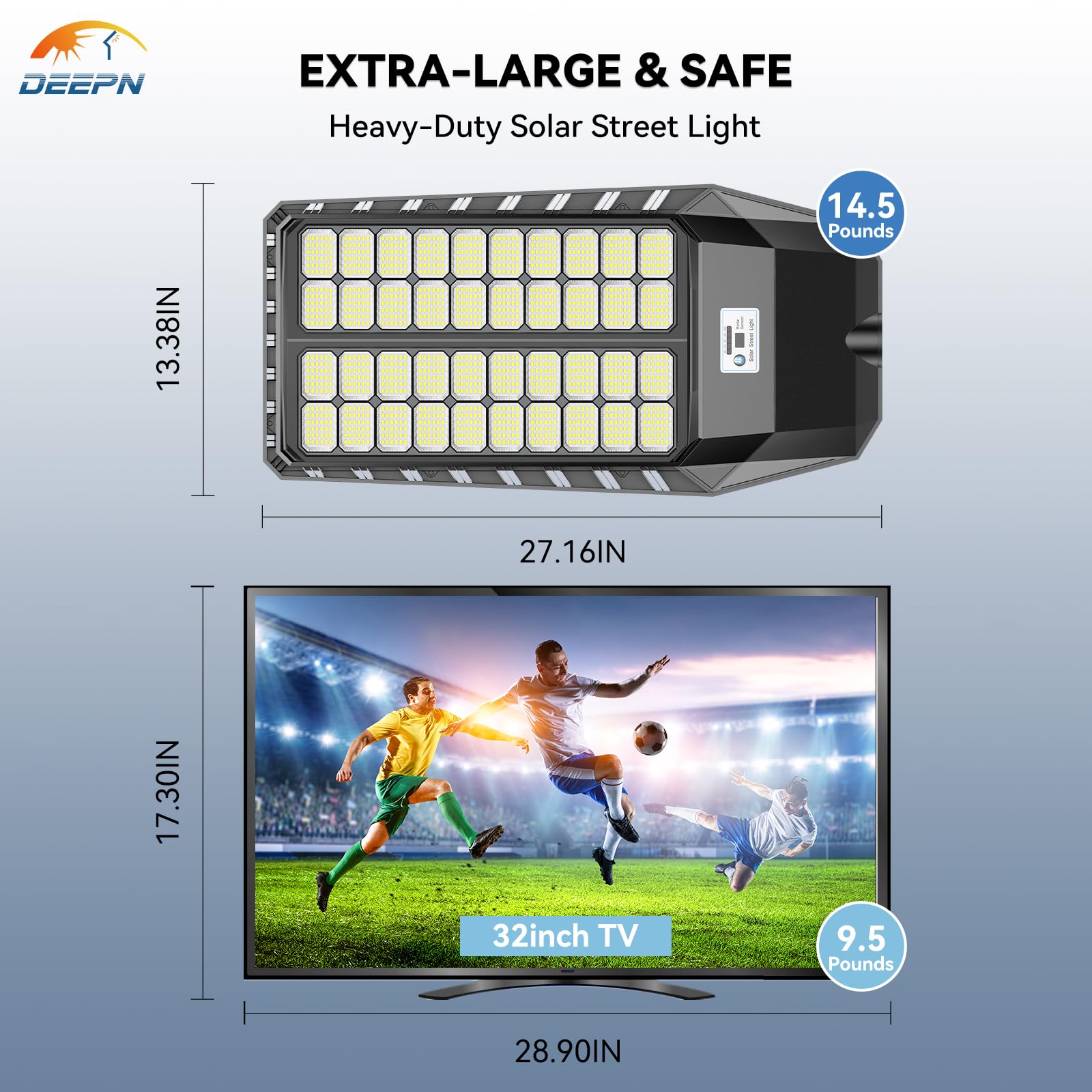 Deepn Ultra-Large Solar Street Light, 9000W IP67 Waterproof, Dusk to Dawn, Motion Sensor, Remote Control, Black, Model TW3601