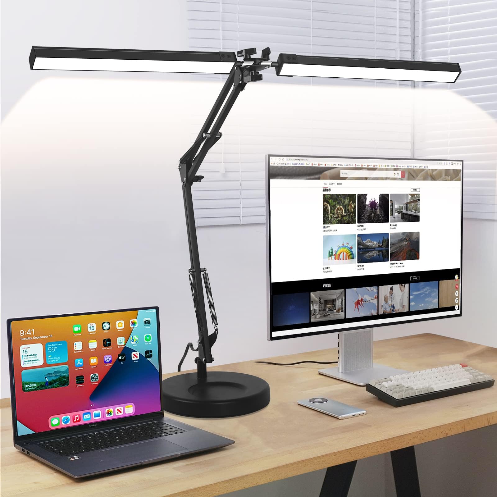 MOLOOR 2-in-1 LED Desk Lamp - 24W, Black, Flexible Swing Arm, 3 Color Modes, Stepless Dimming, Clamp for Home Office & Reading