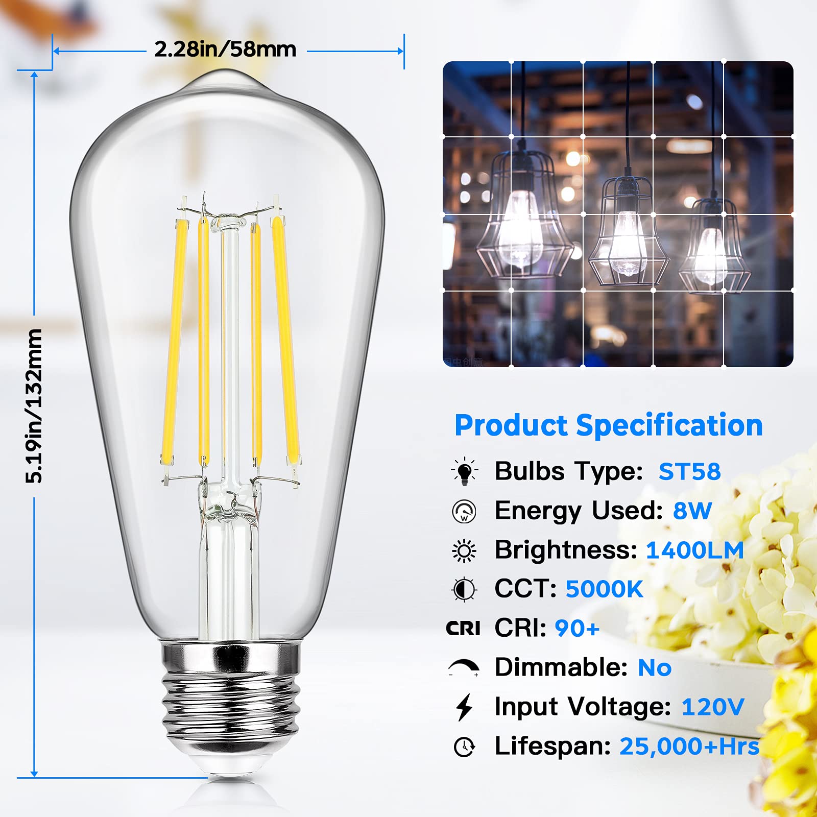 4-Pack Vintage E26 Led Edison Bulbs 100W Equivalent 1400Lm High Brightness 8W St58 Led Filament Light Bulbs 5000K Daylight White Medium Base Cri90+ Antique Clear Glass For Home Kitchen, Non-Dimmable
