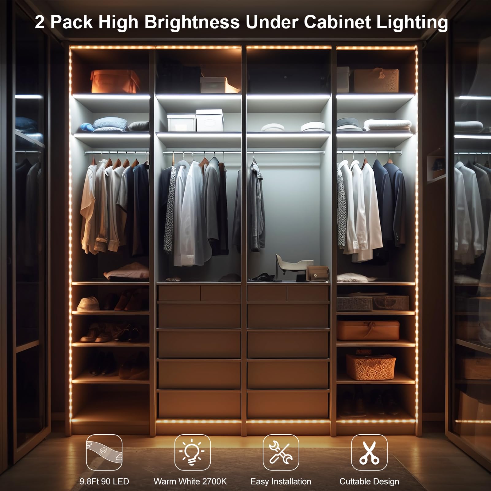 Bsglobal 2 Pack 9.8Ft Battery Powered Led Strip Lights, High Brightness Led Strip Lights 90 Led, Under Cabinet Lighting For Kitc