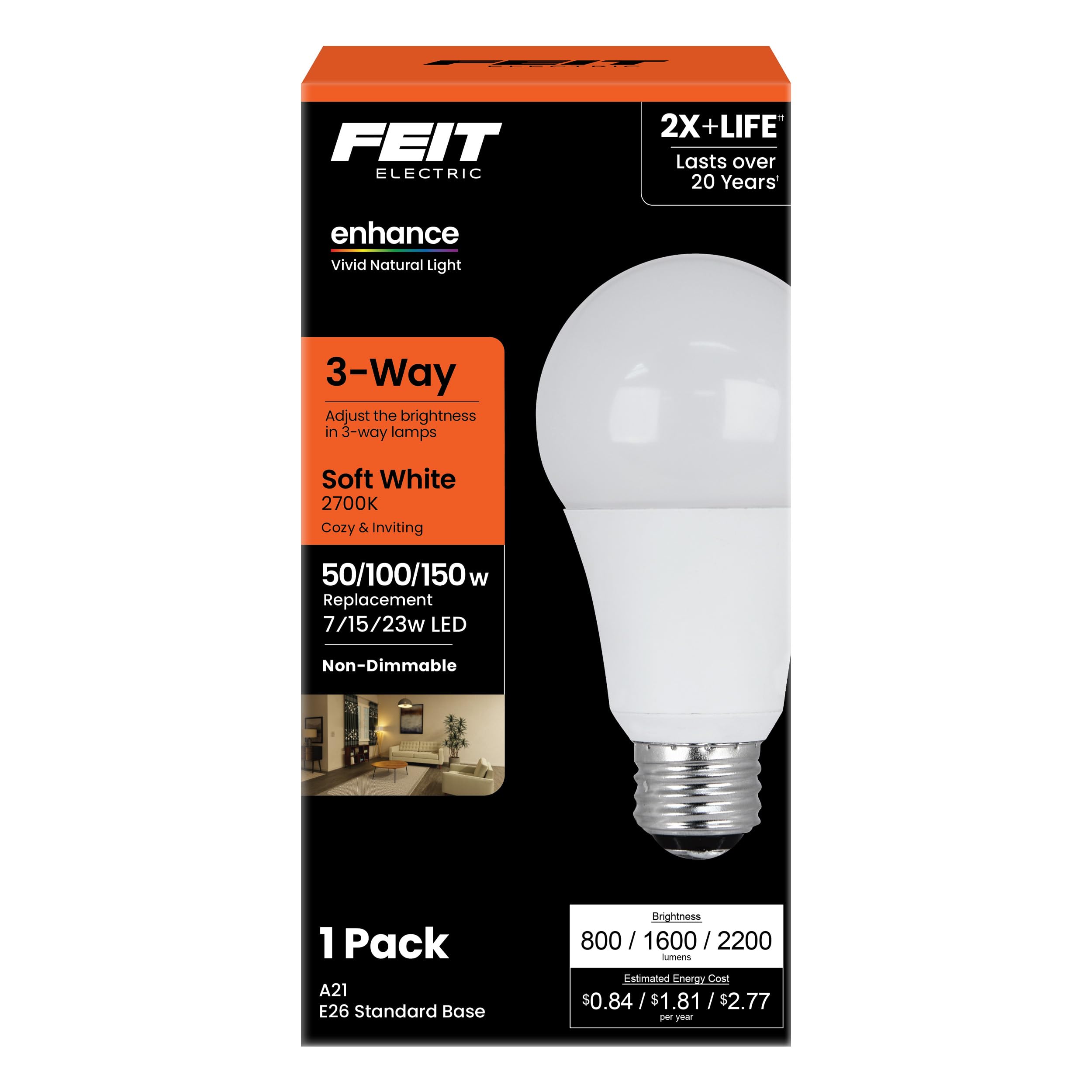 Feit Electric A21 Led Light Bulb, 3-Way Adjustable Wattage 50/100/150 Equivalent, E26 Base, Non Dimmable, 2200 Lumen, 2700K Soft