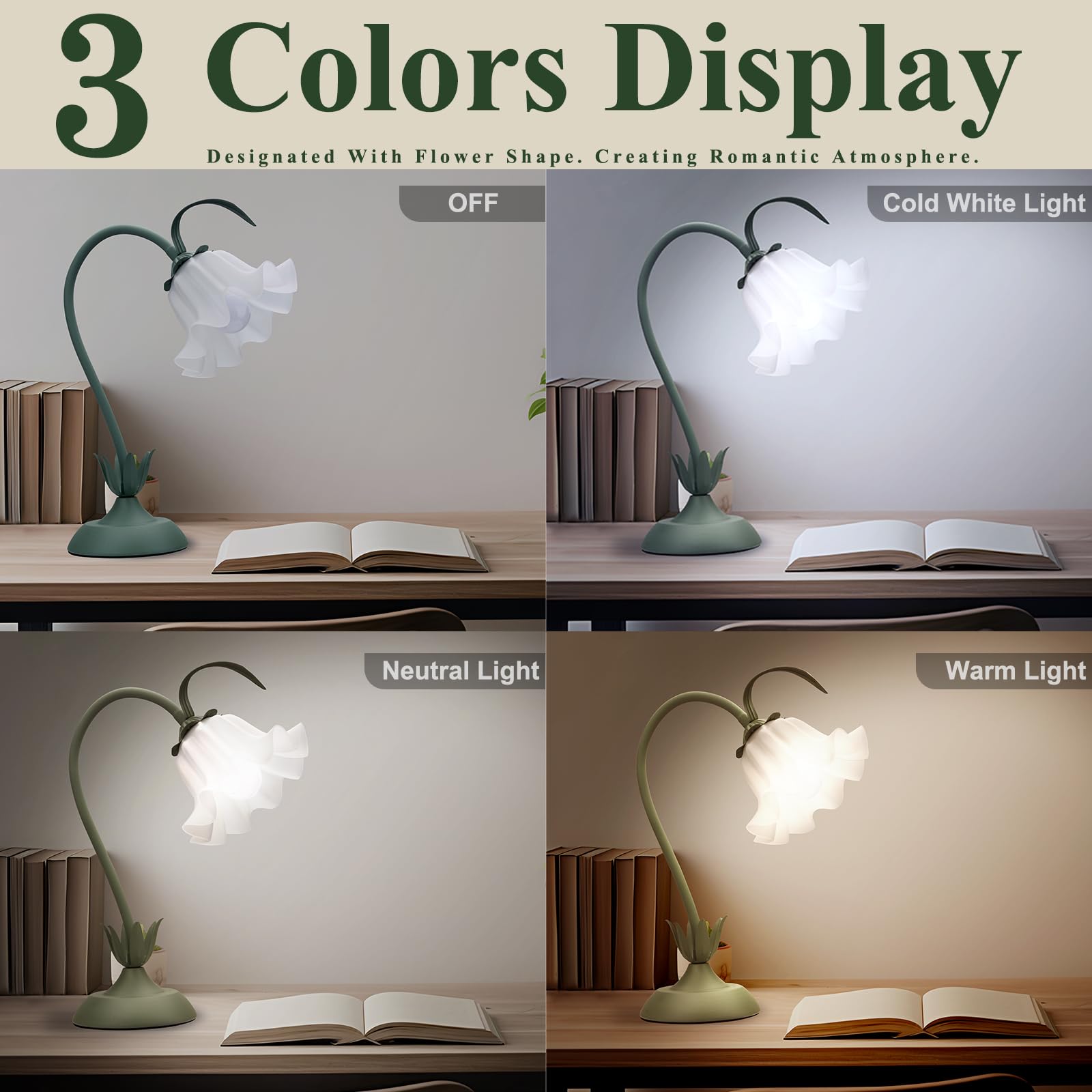 GUIGUZHJ Flower Table Lamp, Vintage 3 Level Brightness, Green White, E26 Bulb, Cute Desk Lamp for Bedroom and Living Room Ambient Lighting