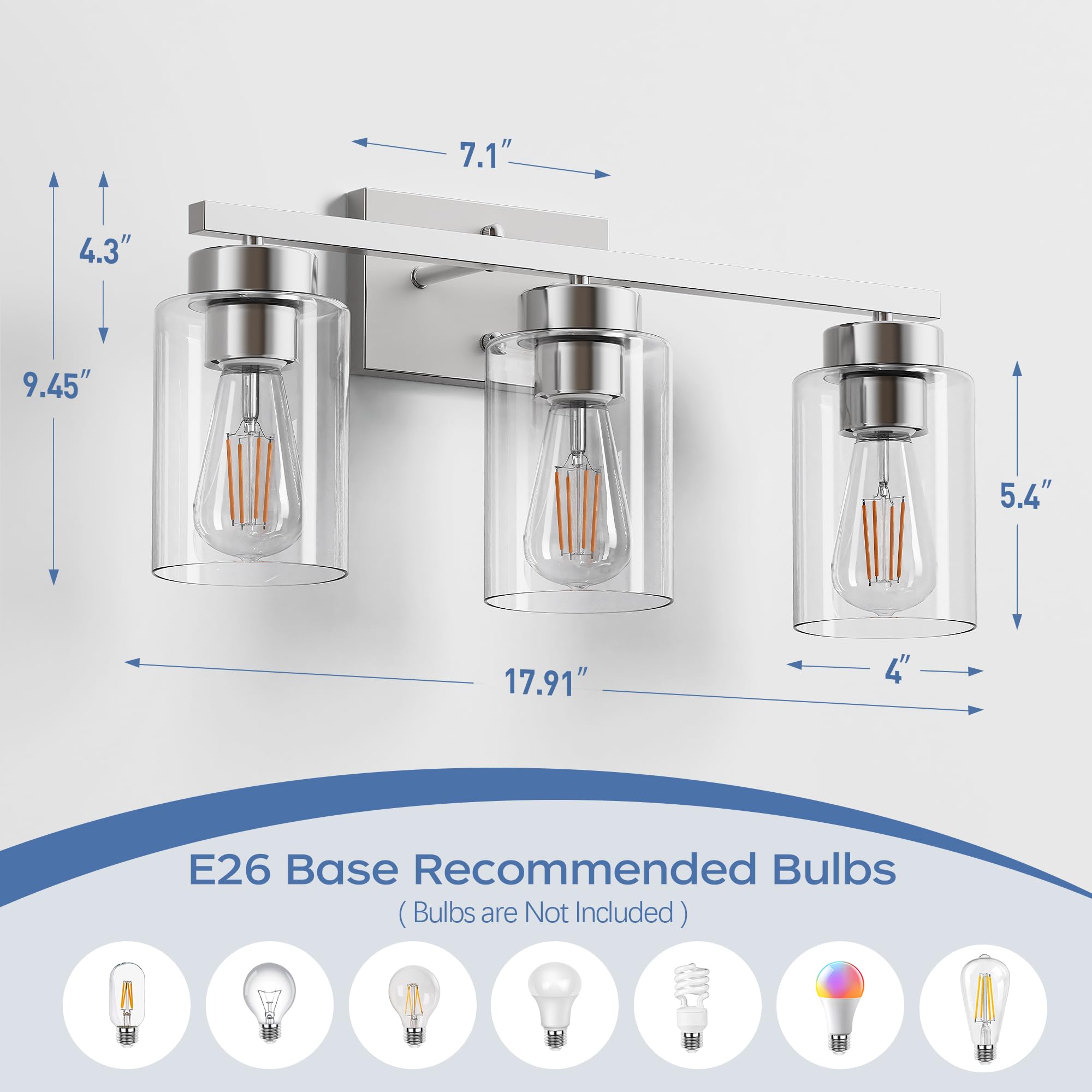 Partphoner 3-Light Bathroom Light Fixtures  Brushed Nickel Vanity Light With Clear Glass Shade  Modern Wall Sconce For Mirror Bedroom Living Room Hallway Lighting