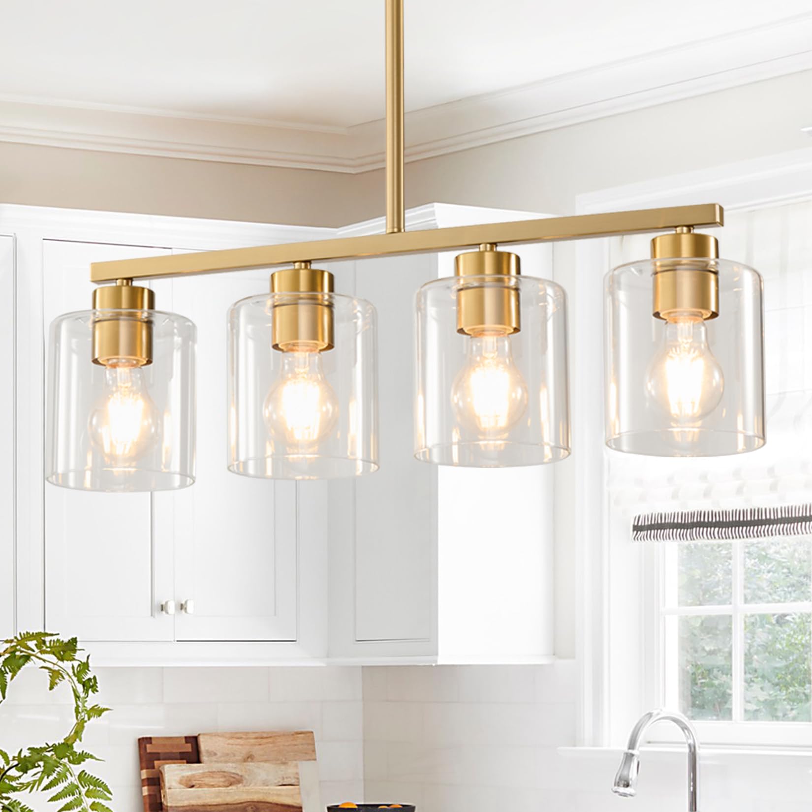 Rocunsi 4-Light Kitchen Island Lighting  Gold Pendant Light Fixture  Farmhouse Dining Room Light Fixtures Over Table  Modern Hanging Light Fixtures With Clear Glass  E26 Base  Bulbs Not Included