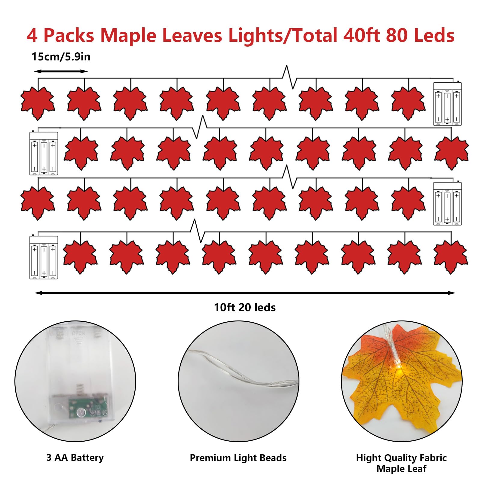 4 Pack Maple Leaf Light, Fall Decorations For Home, Total 40Ft 80Led,Multicolor Fall Leaves String Lights,Fall Garland With Lights, Autumn Thanksgiving Decoration, 2 Modes,Battery Operated(Warm White)
