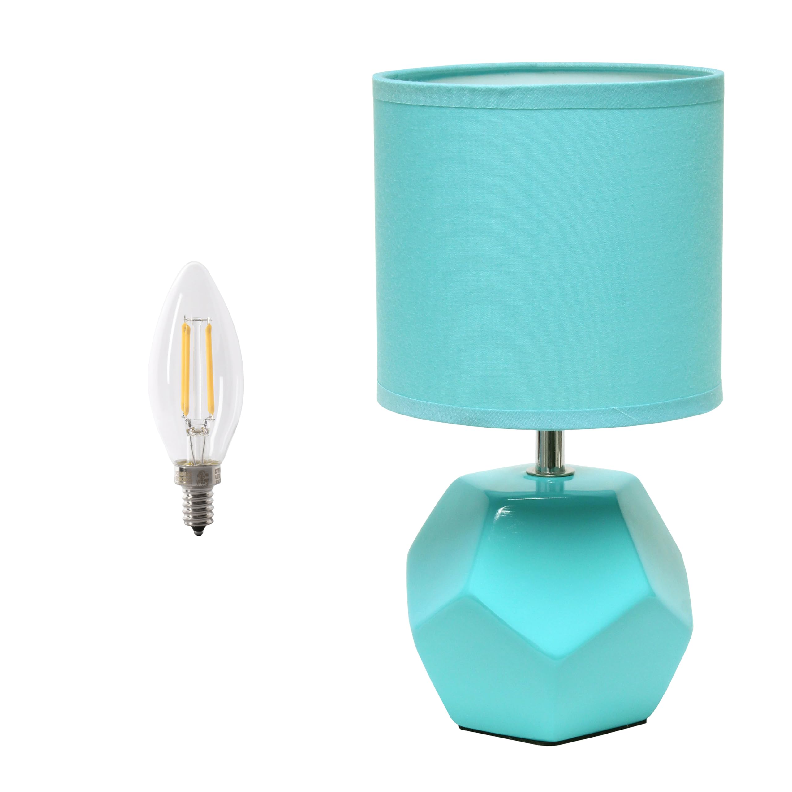 Simple Designs Lt2065-Blu-Lb 10.24'' Round Geometric Prism Mini Table Lamp With Matching Fabric Shade, Led Bulb Included, Blue