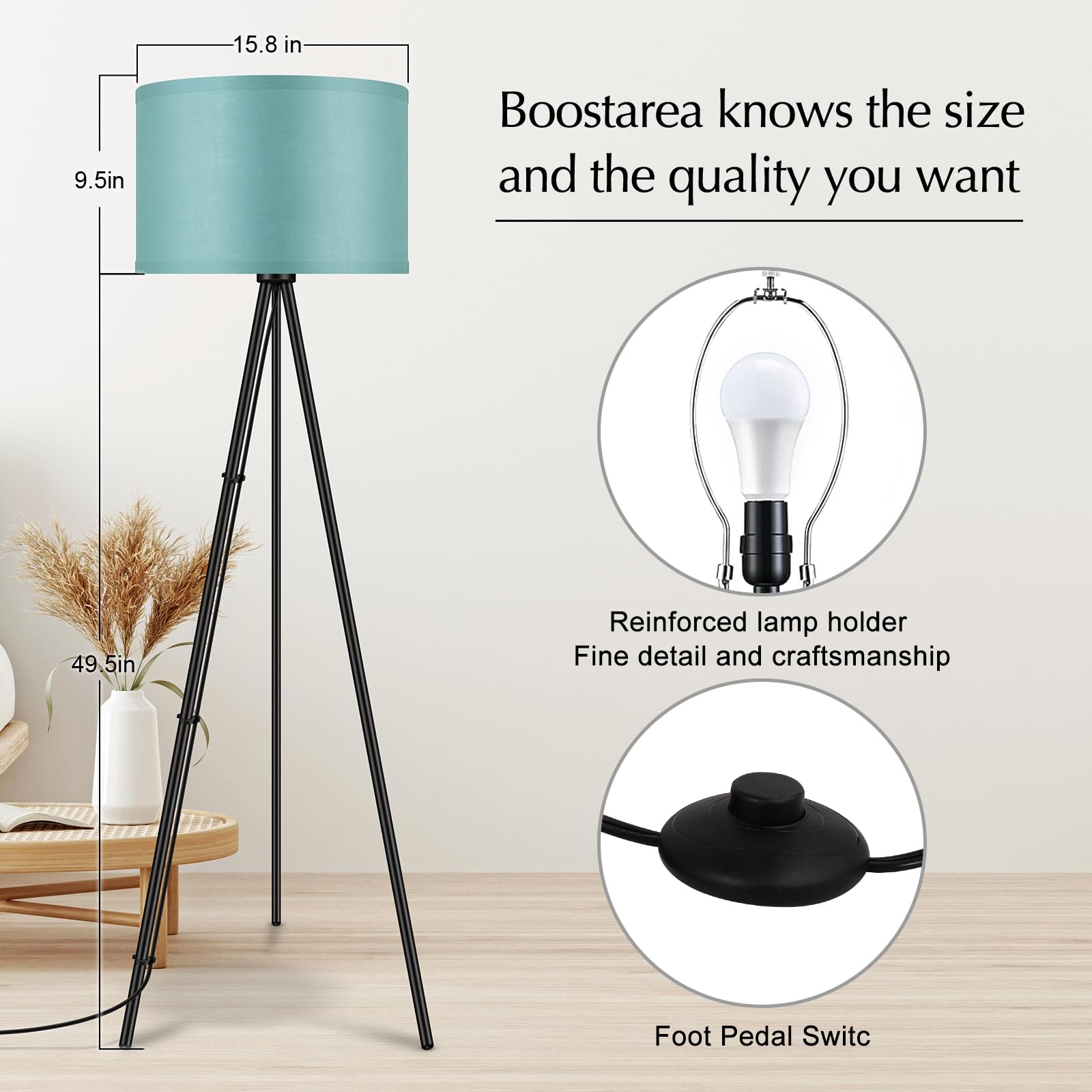 Boostarea Floor Lamp For Living Room, Tripod Floor Lamp, Green Linen Lamp Shade, Blub Not Included,Mid Century Standing Lamp For
