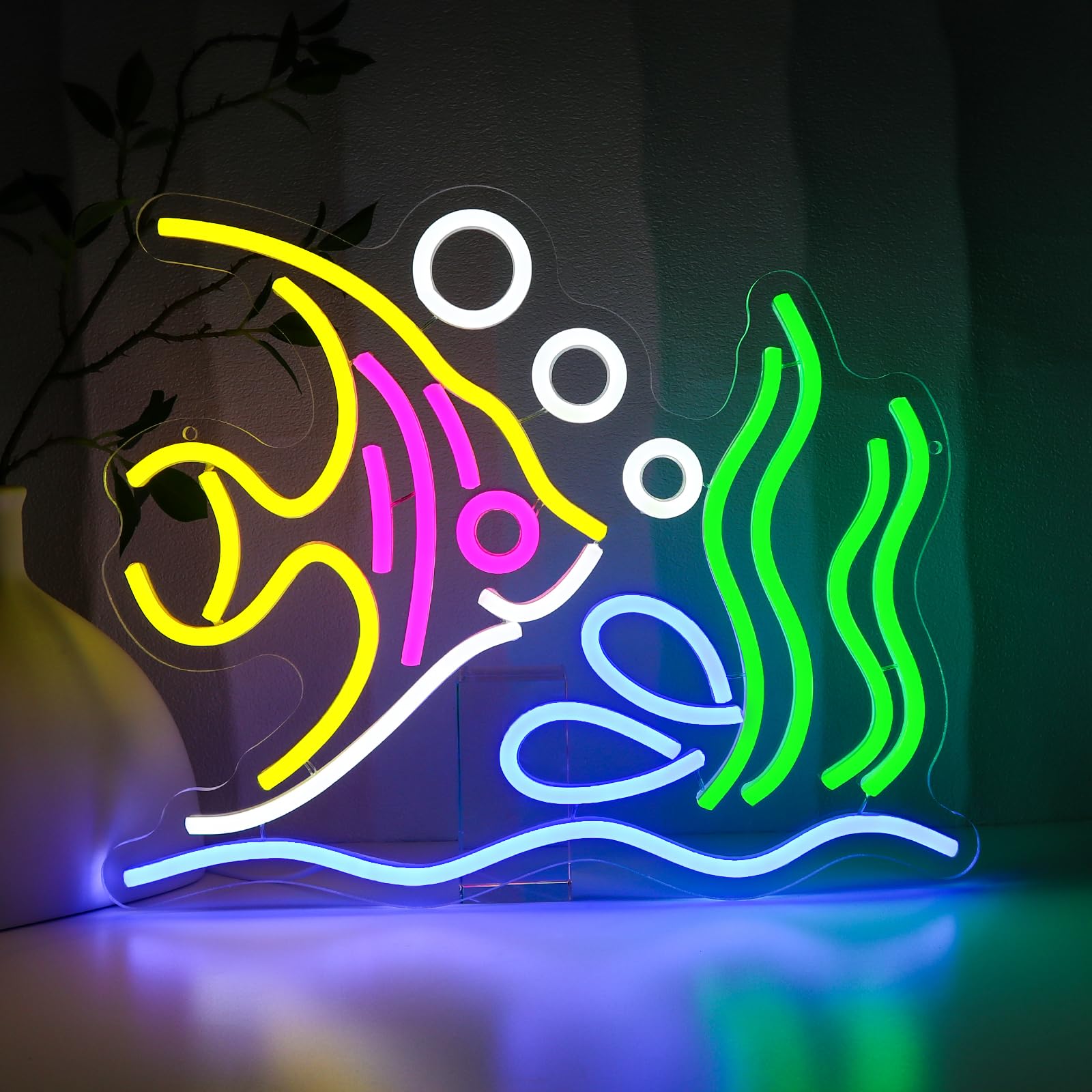 PMCVYH Tropical Fish Neon Sign, USB Dimmable LED Light, 15.35 x 12.6 inches, Multi-colored, Model SYL-Tropical fish for Wall Decor