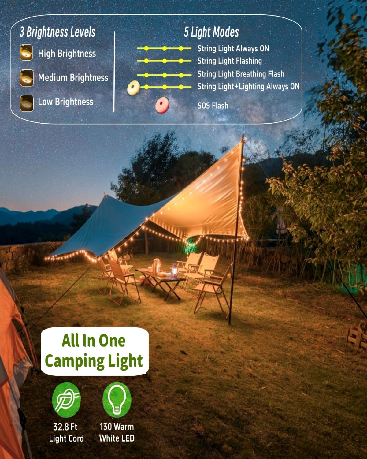 Tuopulife Solar Camping String Lights, 32.8Ft Fairy String Lights 130Leds, Portable Waterproof Camping Lamp With 8 Lighting Mode