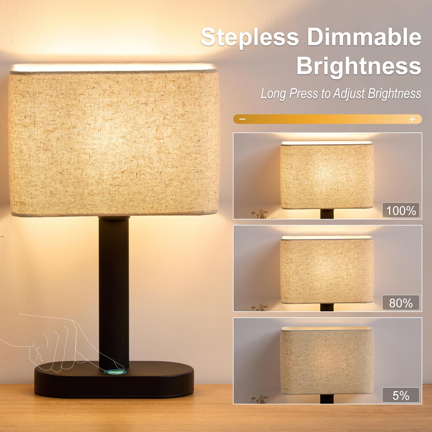 SAIWEYA 12.6 Cordless Touch Table Lamp, 5200mAh Rechargeable Desk Lamp, Stepless Dimming Modern Bedside Lamps with 3000K Warm Li