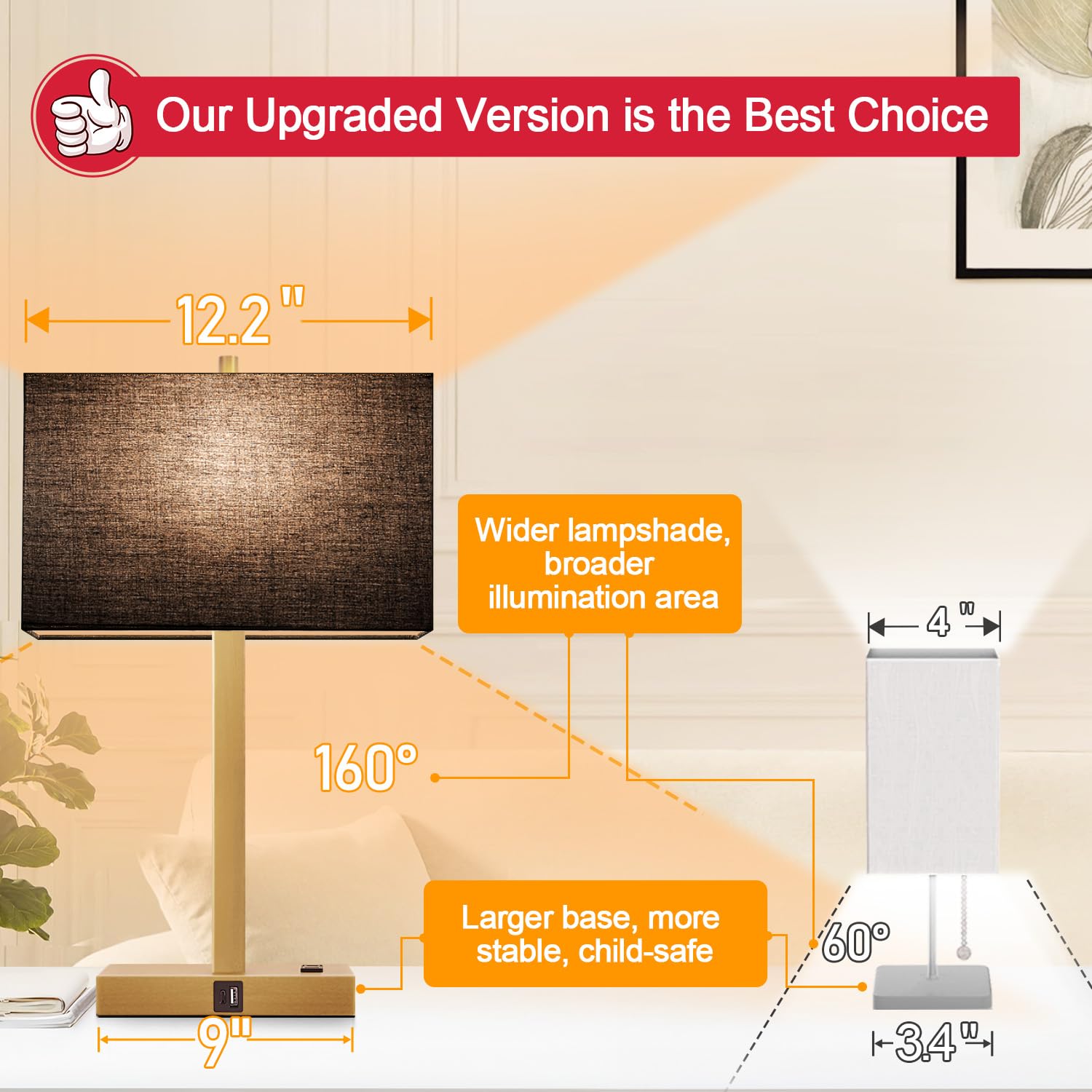Lynnoland 21" Touch Control Bedside Lamps Set of 2 with USB & AC Outlets, 3-Way Dimmable, Black Shade, 2700K LED Bulbs Included