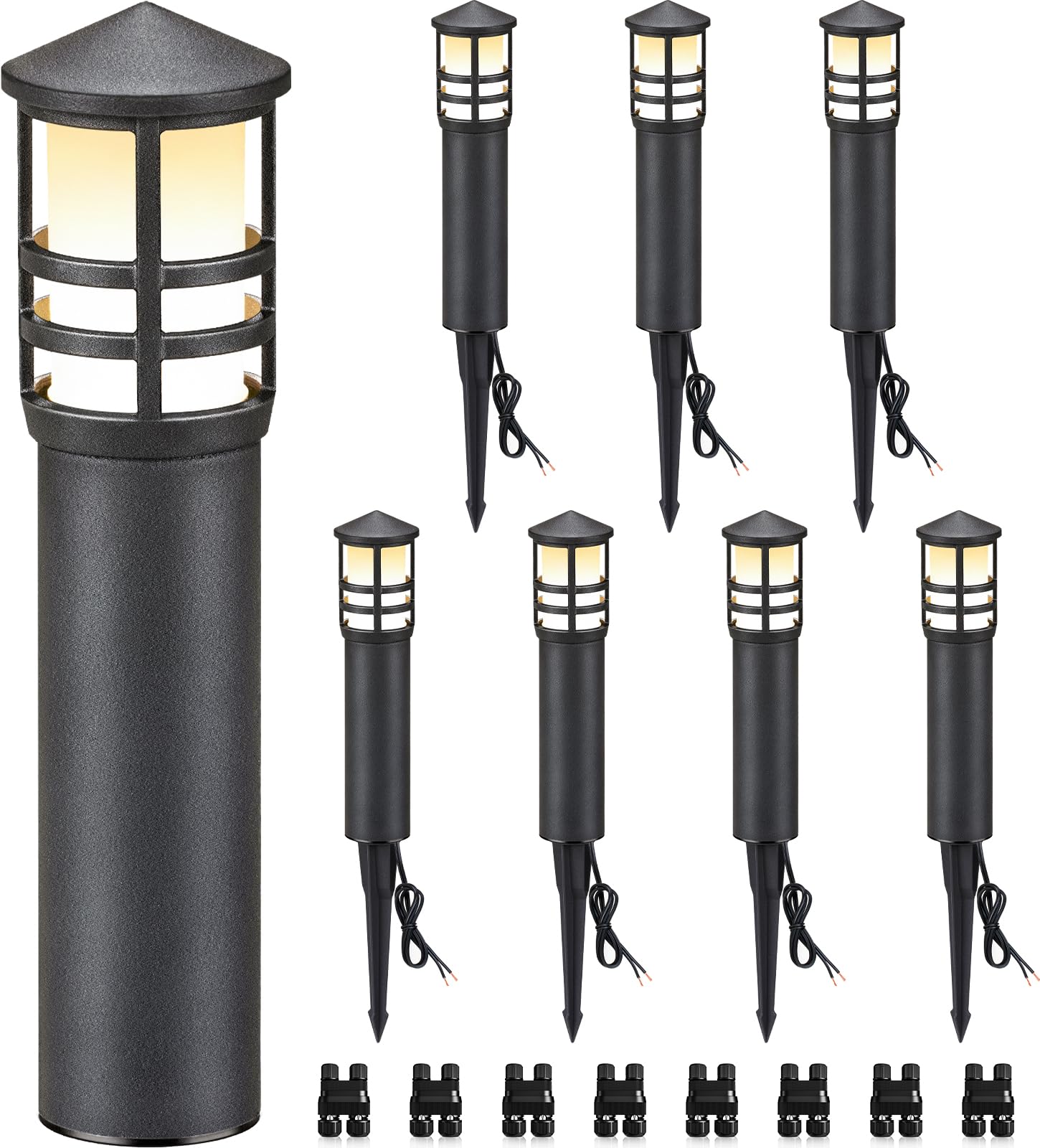 SUNVIE 8-Pack LED Pathway Lights 3W 3000K Warm White Aluminum Bollard, ETL Listed, Black, Model LYAWB0308C