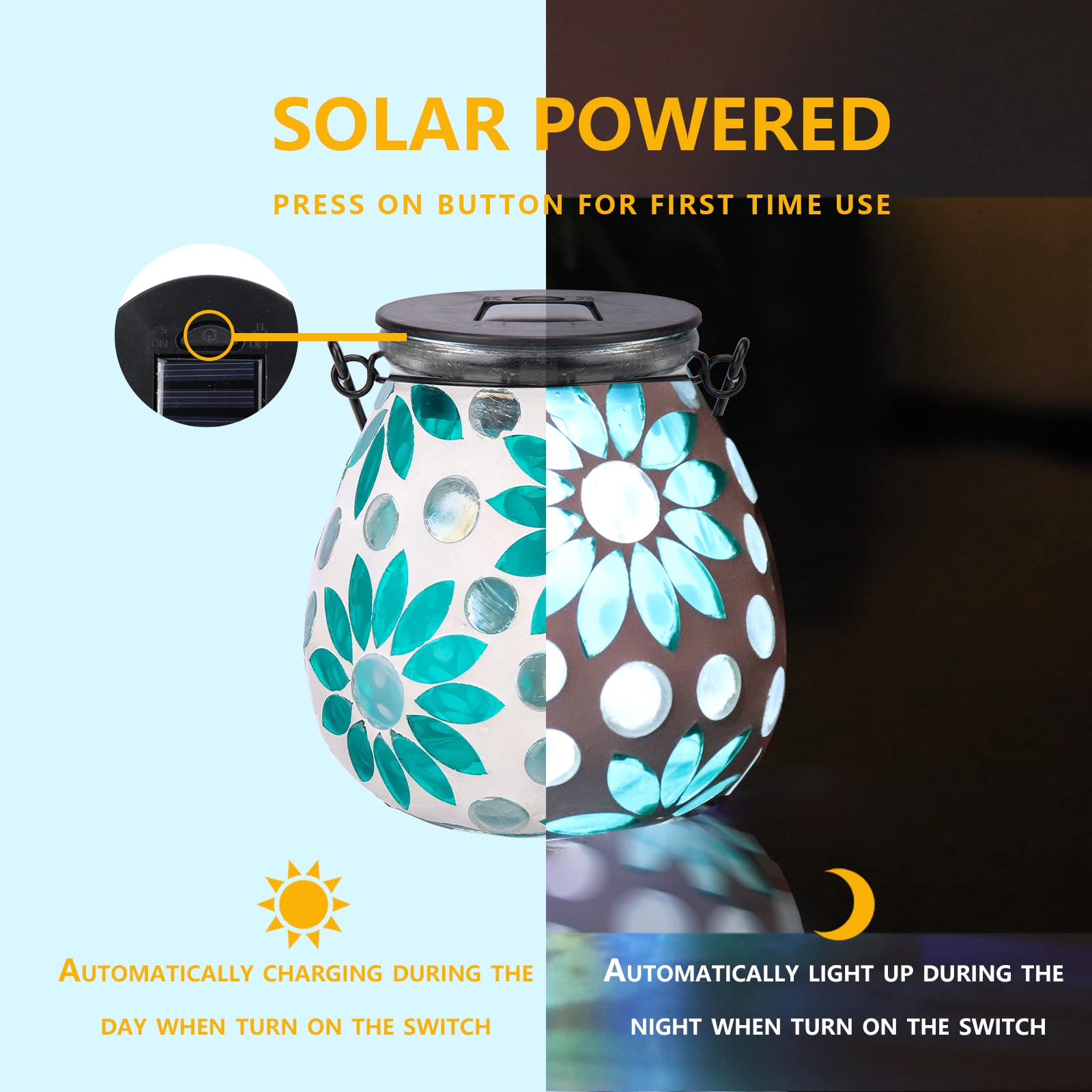 Afirst Mosaic Solar Lantern - Glass Hanging Outdoor Light, Waterproof Table Lamp, Blue Daisy, Model 4428721