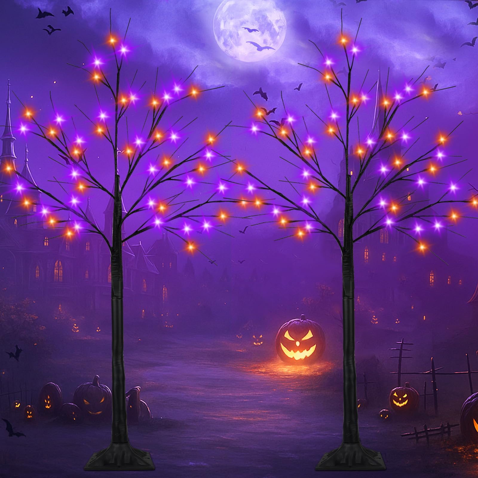 2-Pack 4FT Lighted Black Halloween Tree with 96 LED Orange & Purple Lights (Higher Size & Floor Standing), Halloween Decorations