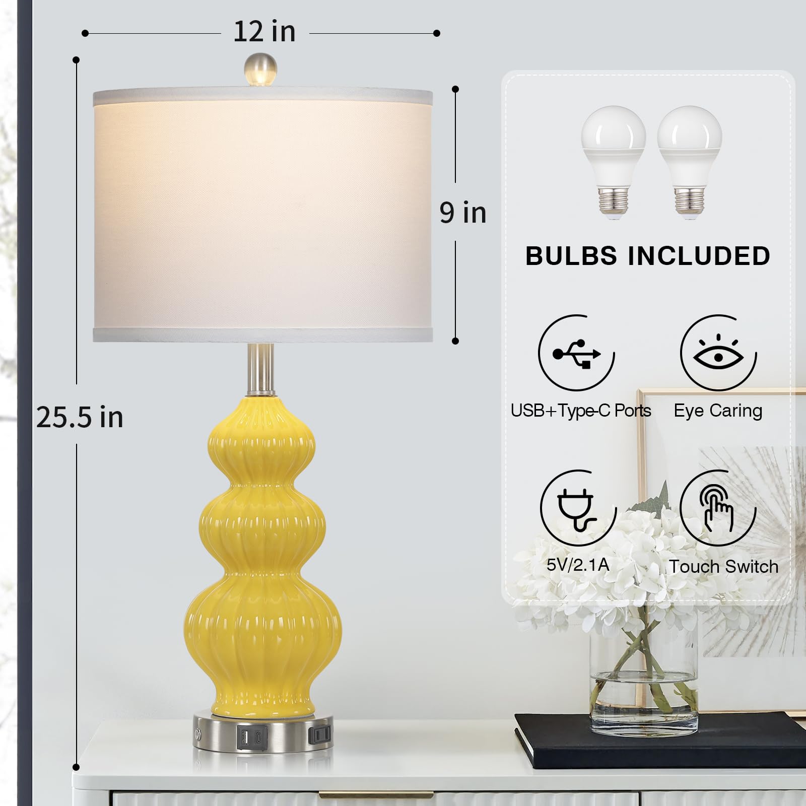 Rinweey Ceramic Table Lamps Set of 2, Modern Yellow Touch Control Bedside Lamps with USB Ports & AC Outlet for Bedroom Living Room