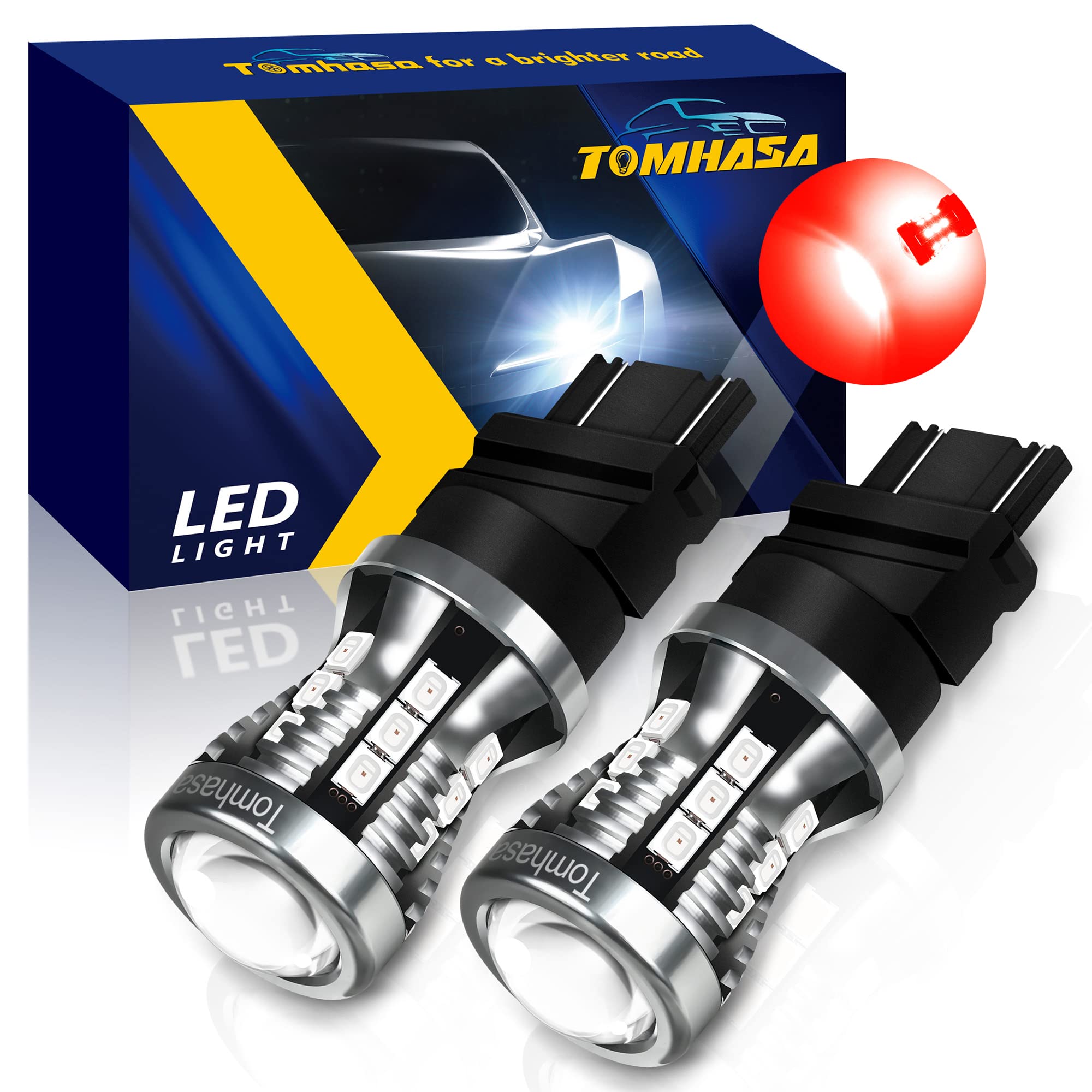 Tomhasa 3157 LED Bulbs Red, 24 SMD Chipsets, 300% Brighter, Replacement for Brake Lights, Pack of 2