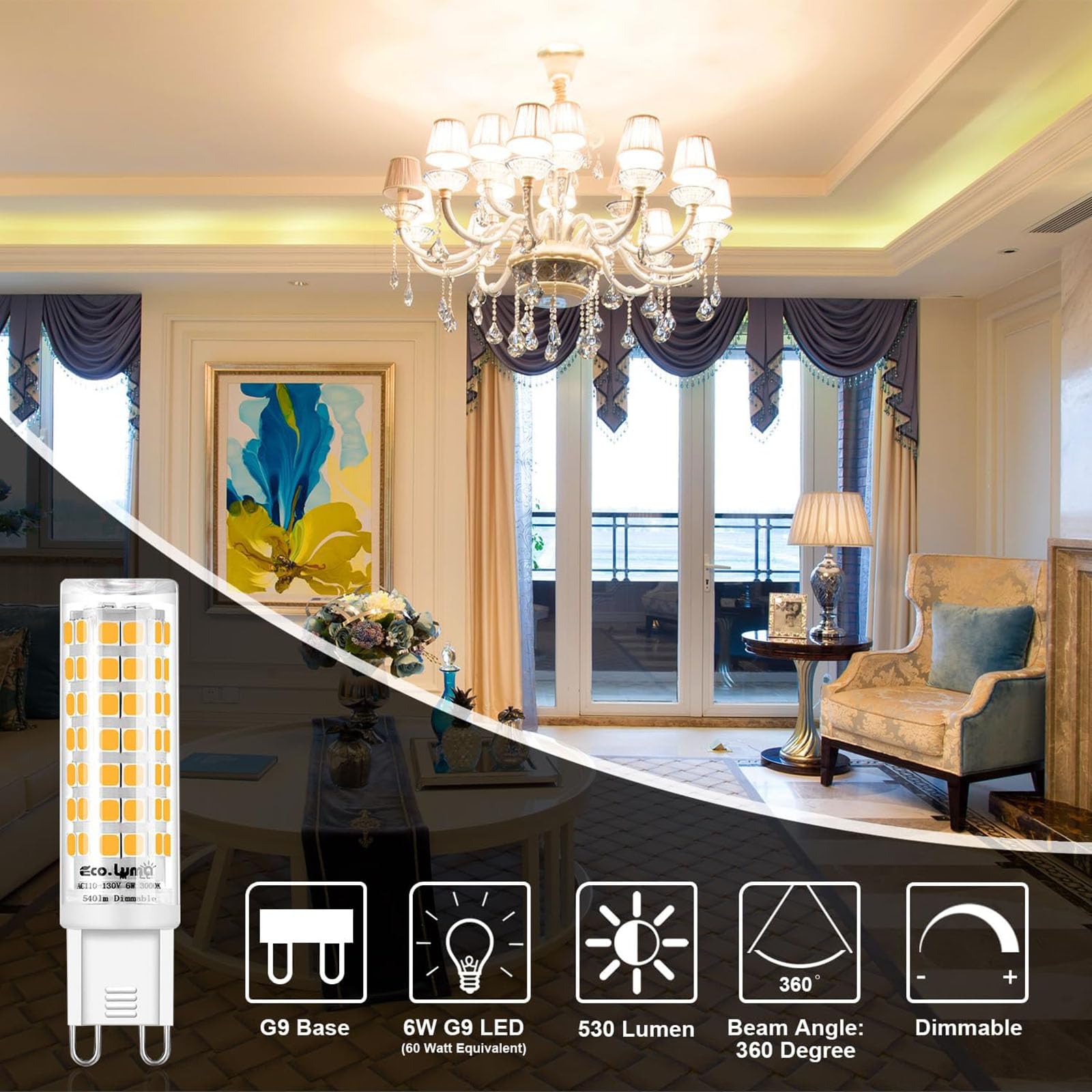 Eco.Luma G9 Led Bulb Dimmable, 6W T4 G9 Led Bulb 60 Watt Equivalent, 3000K Soft Warm White, 540 Lumens, G9 Bi-Pin Light Bulbs Fo