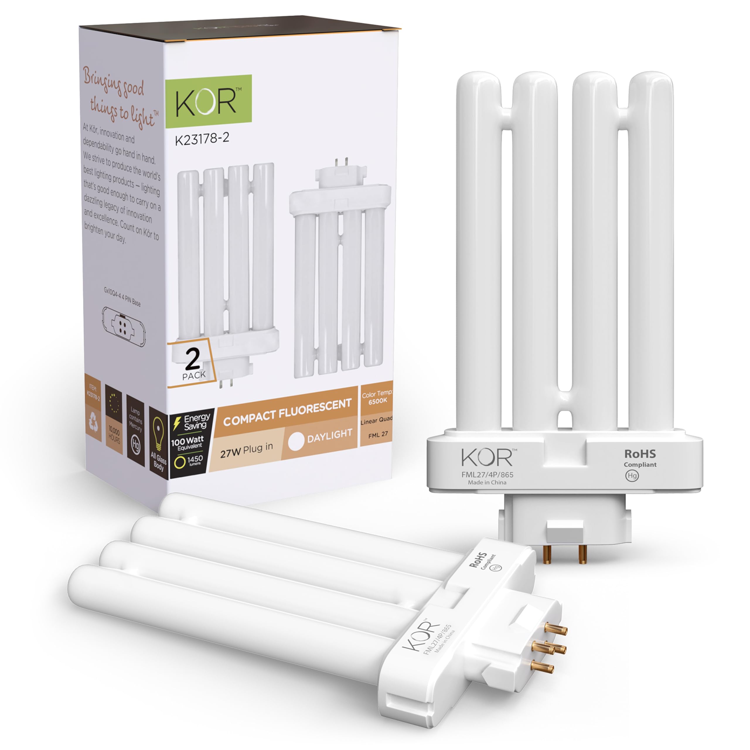 Kor Pack Of 2 - Fml27-65K Light Bulbs 27 Watt 4 Pin Fml Lamp Replacement Bulb 6500K Natural Spectrum Daylight Cfl 27W Plugin Gx1