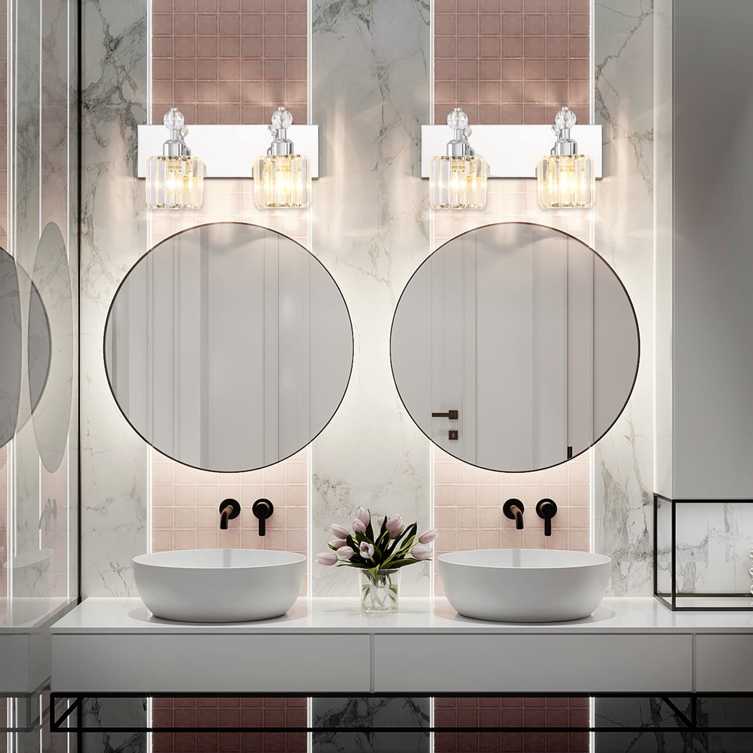 Presde 2-Light Chrome Bathroom Vanity Light - Modern Crystal Wall Sconce For Over Mirror Lighting