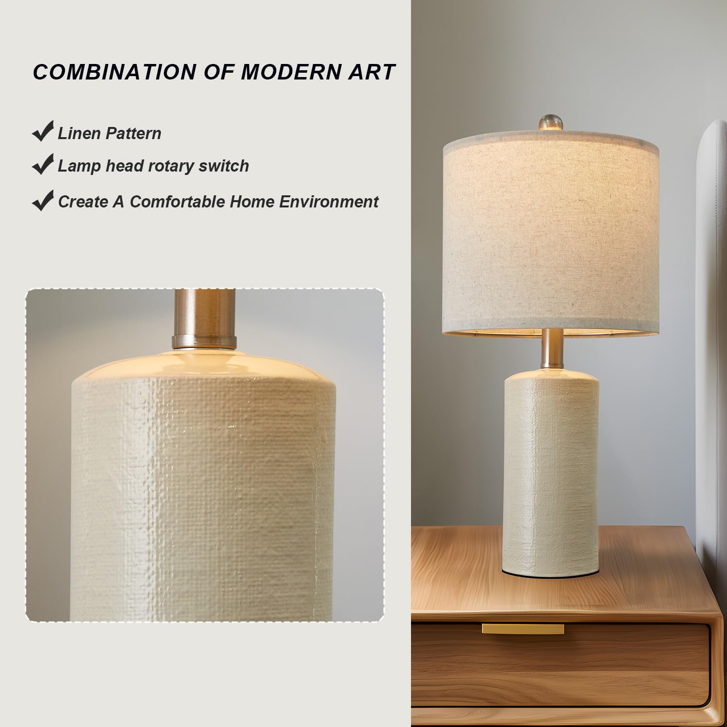 G-SAFAVA Table Lamp - Ceramic Nightstand Lamp, Modern Design, White, 20.25in Small Size