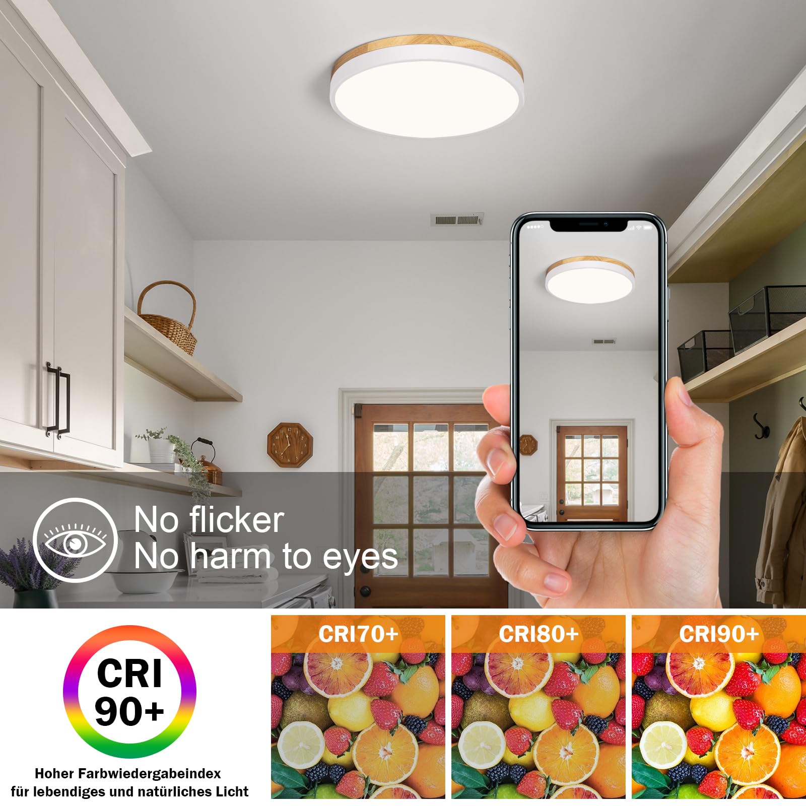 Vikaey Modern Wood Led Ceiling Light Fixture, Minimalist White Flush Mount Ceiling Lights, 4000K Round Ceiling Fixtures For Bedr