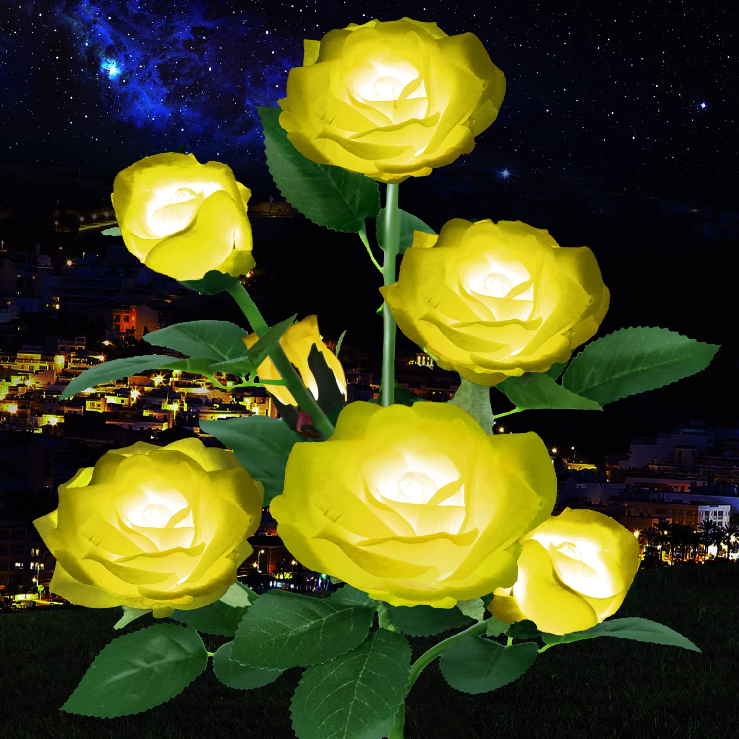 Calyla Yellow Solar Outdoor Rose Lights - Decorative Garden Stake Lights For Pathway & Landscape