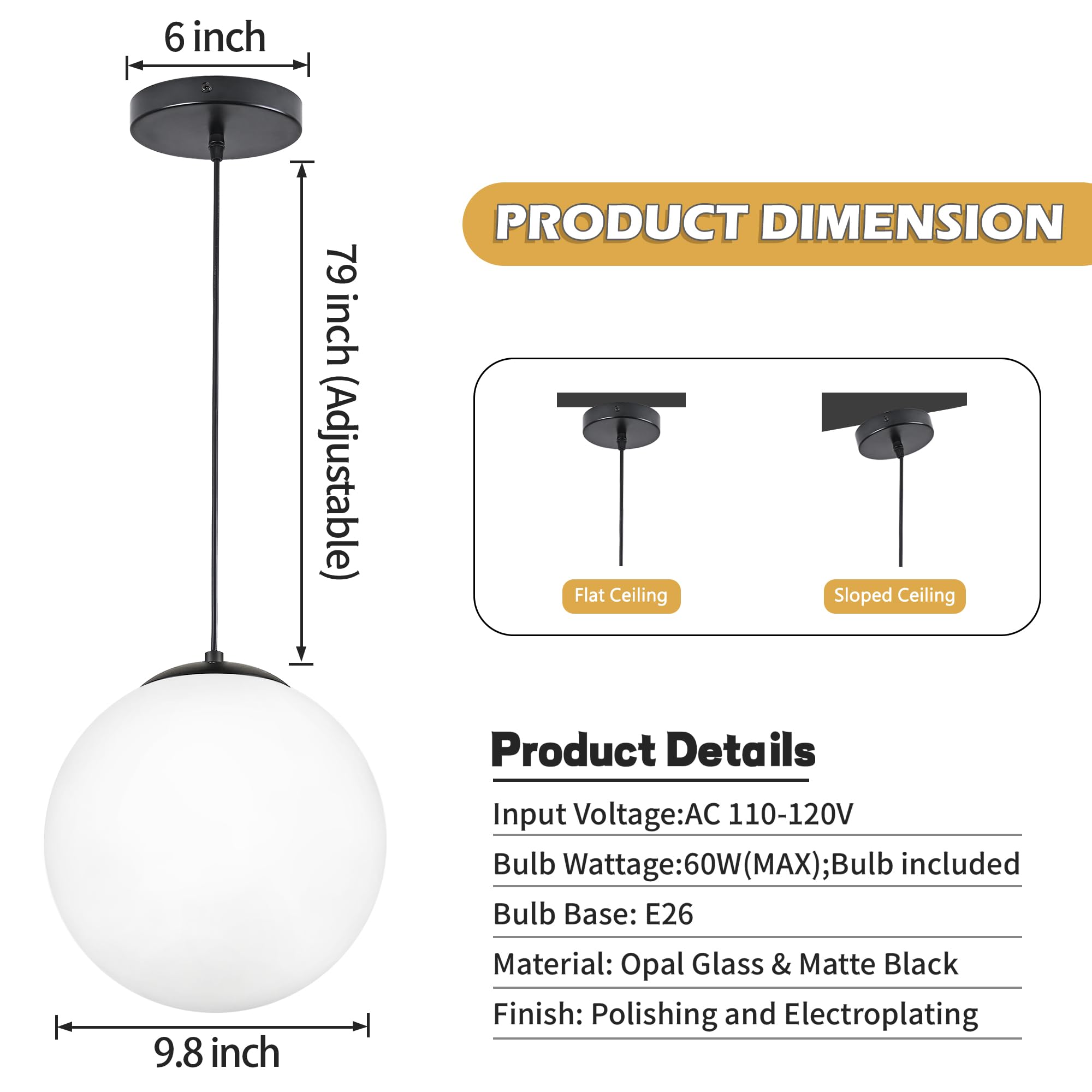 Koko&Yukina 10&quot; Globe Pendant Light - Black Mid Century Fixture With Opal Glass For Dining Room