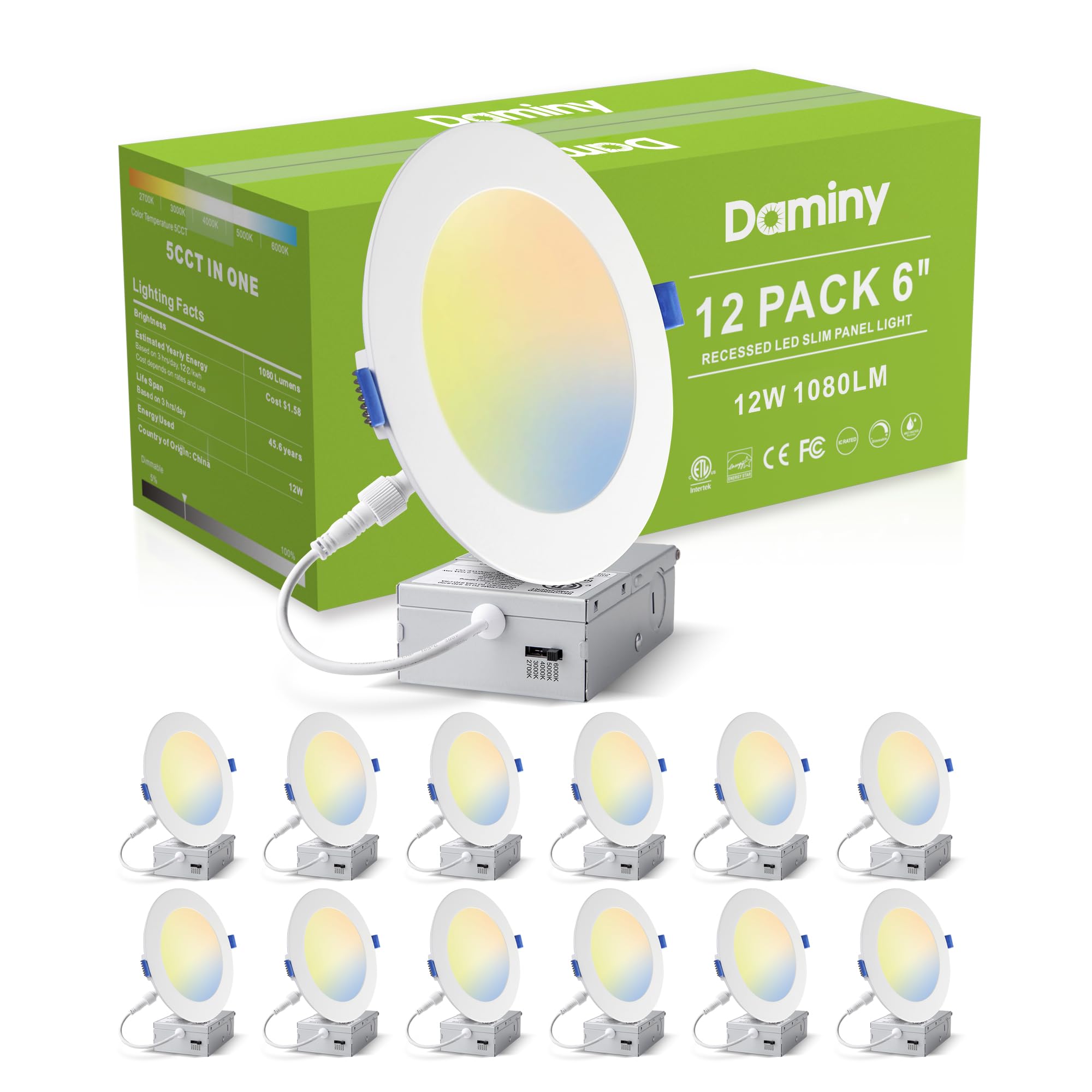 Daminy 12 Pack 6 Inch Led Recessed Lighting With Junction Box,5Cct,Ultra-Thin Recessed Light,12W 1080Lm, Dimmable Canless Wafer Ceiling Light, High Brightness - Etl