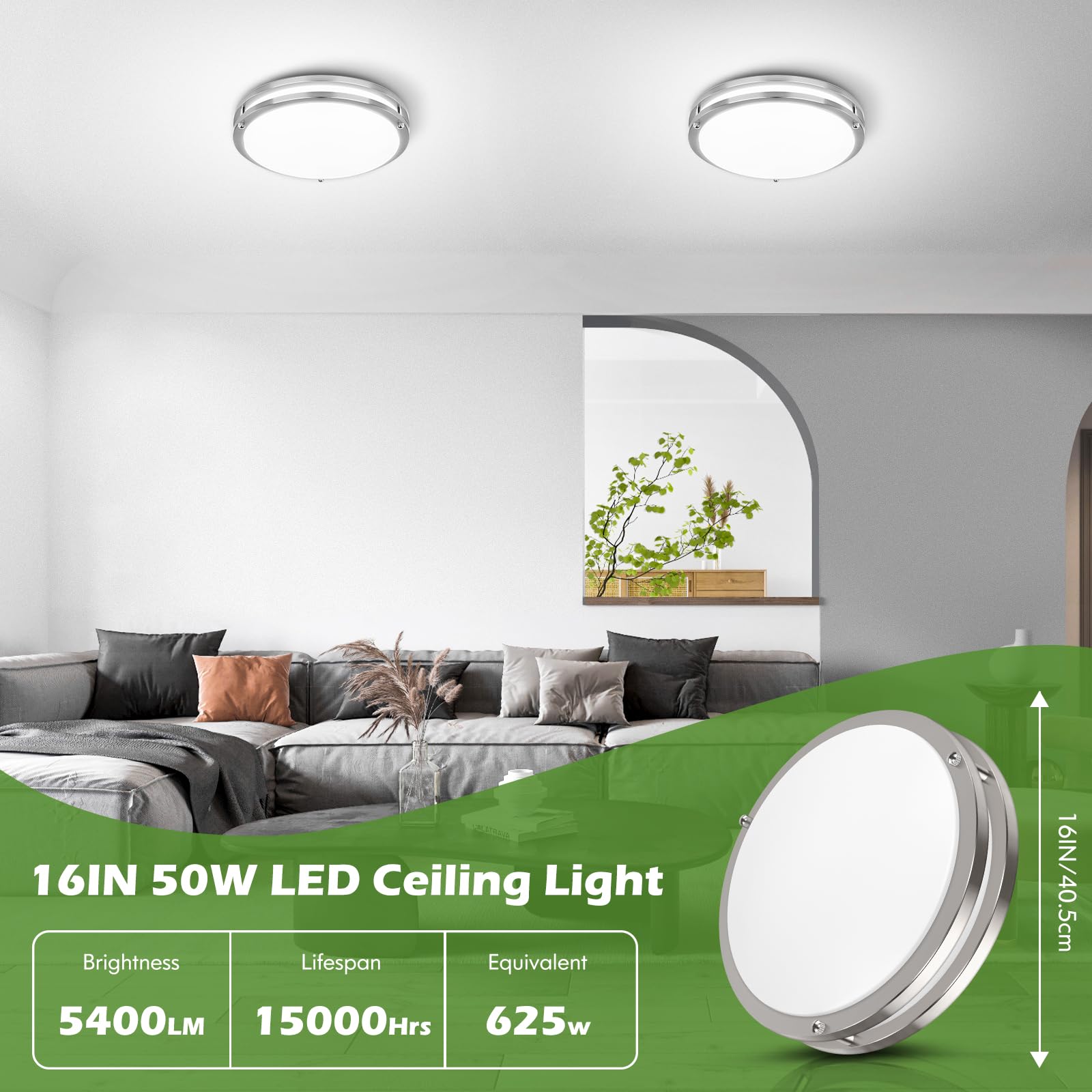16 Inch 50W Led Ceiling Lights, Dimmable Brushed Nickel Flush Mount Ceiling Light, 2700K/3000K/4000K/5000K/6500K Adjustable, 540