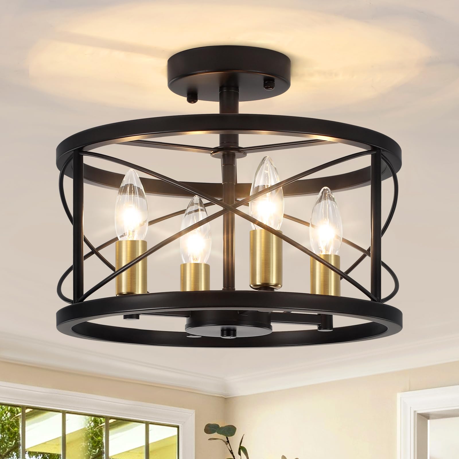 TOULMJ 4-Light Modern Ceiling Light, Black Gold Semi Flush Mount Ceiling Light, Hallway Light Fixtures for Kitchen Island Entryw