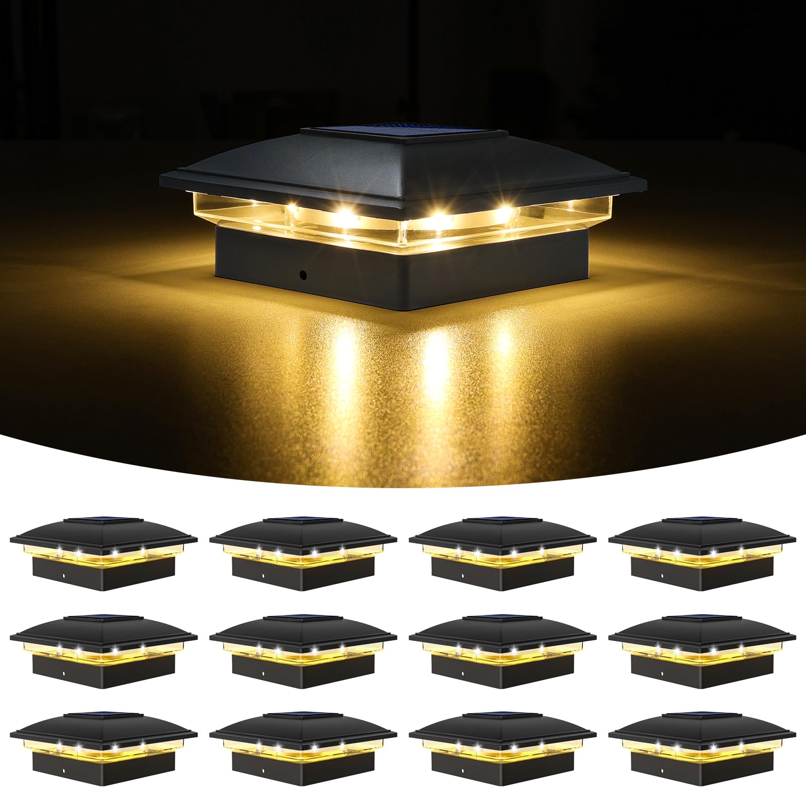 VOLISUN Solar Post Cap Light Outdoor Waterproof 12pack,Solar Fence - Post Lights for 4x4 5x5 6x6 Wooden/Vinyl Post,Black Deck Po